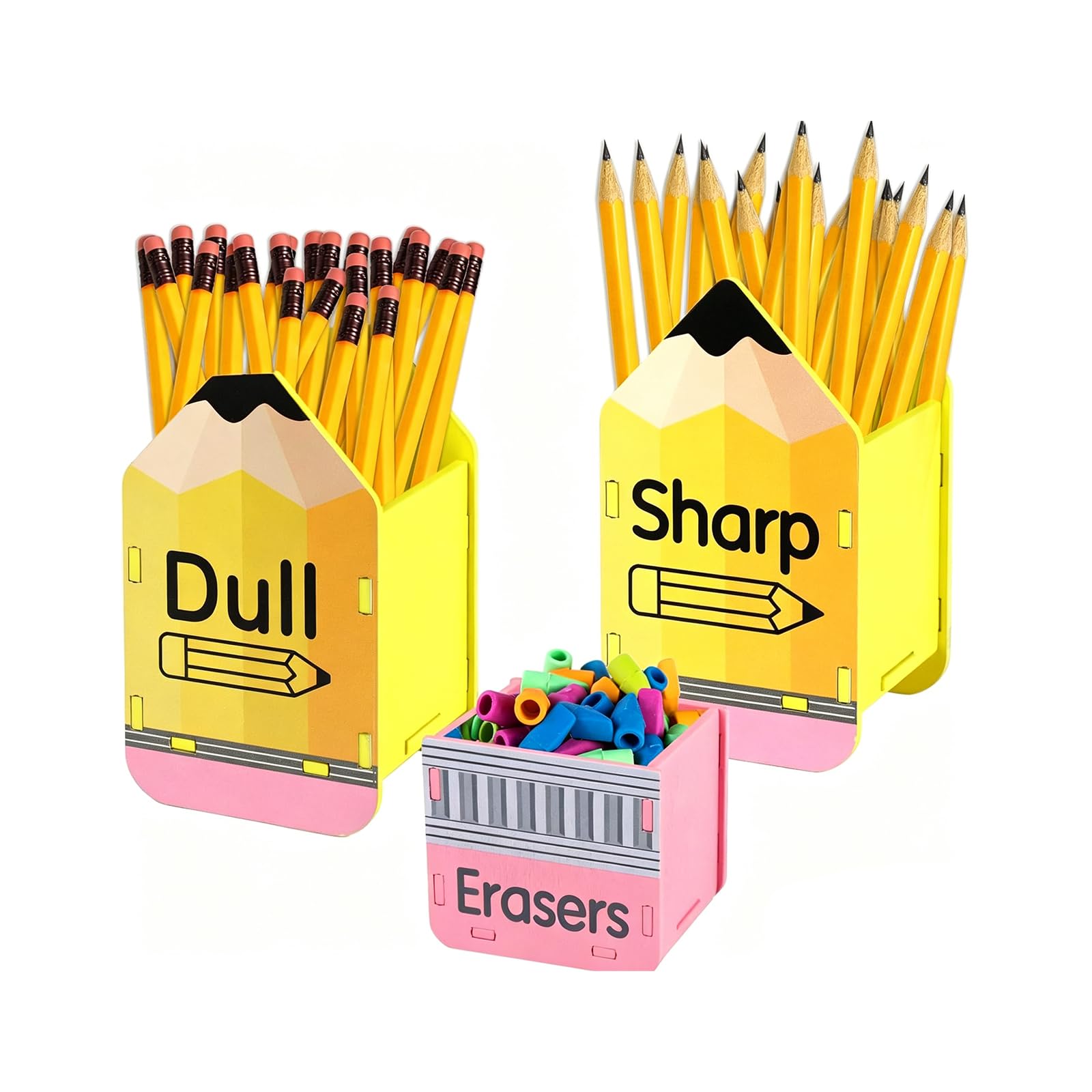 PetPhindU 3 Piece Pencil Dispenser for Classroom Set, Wooden Pencil Parking with Sharp and Dull Holders, Cute Pencil Holder and Eraser Dispenser for Teachers and Students (Yellow2)