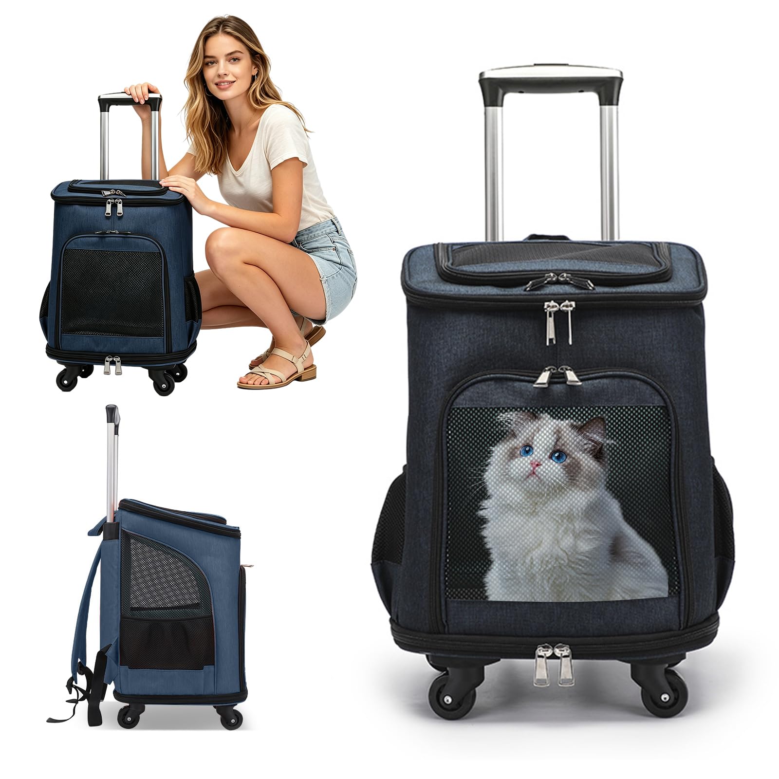 PETCUTE Mochila para Mascotas 3 en 1 con Ruedas,Transportín Transpirable para Gatos con Bolsillos,Mochila Plegable para Perros con Alfombrilla Lavable y Extraíble,Ideal para Senderismo y Viajes