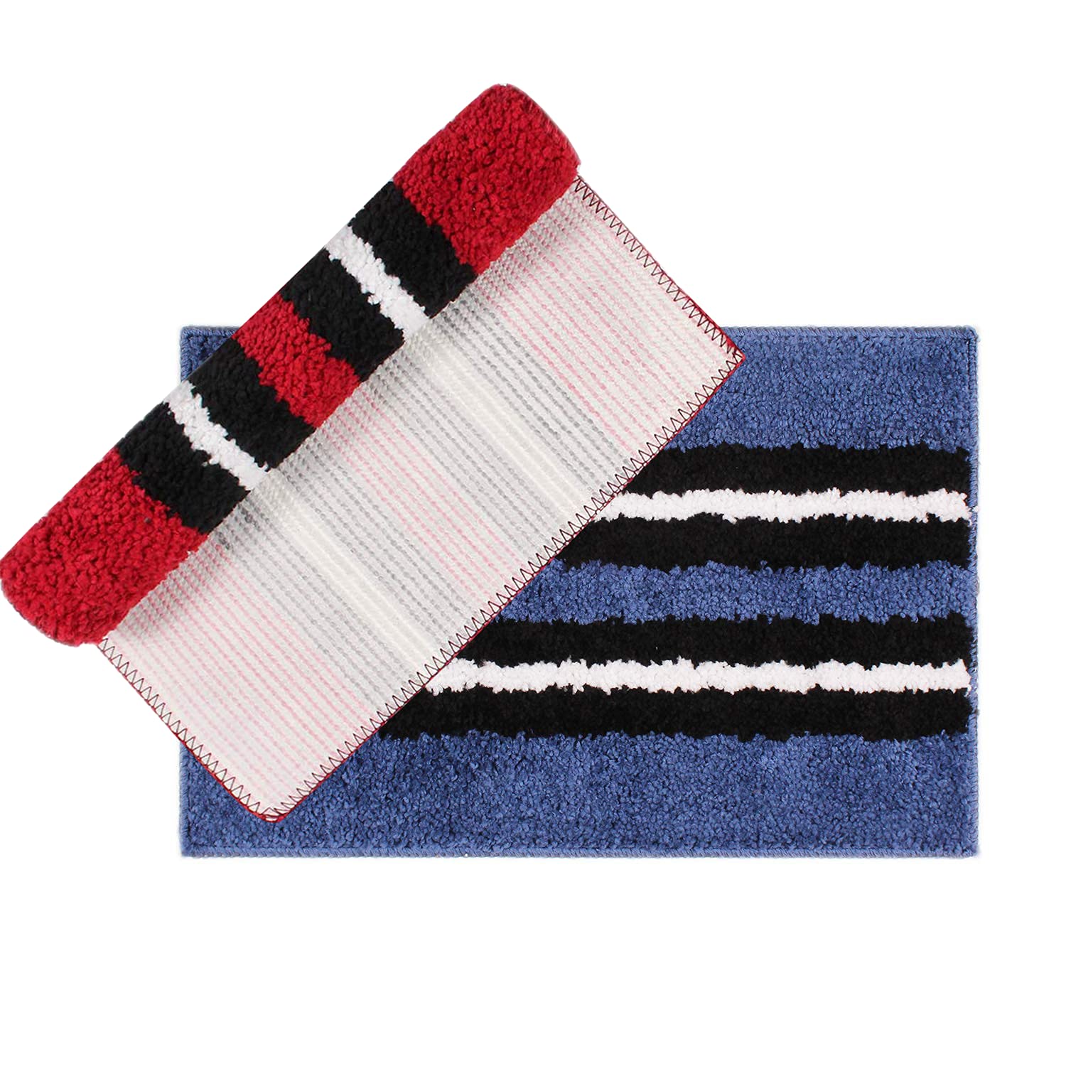 Flooring India Co Microfiber Anti-Skid & Water Absorbent Stripe Design Mat (Piece of 2, Blue & Maroon, 38 x 58 cm)