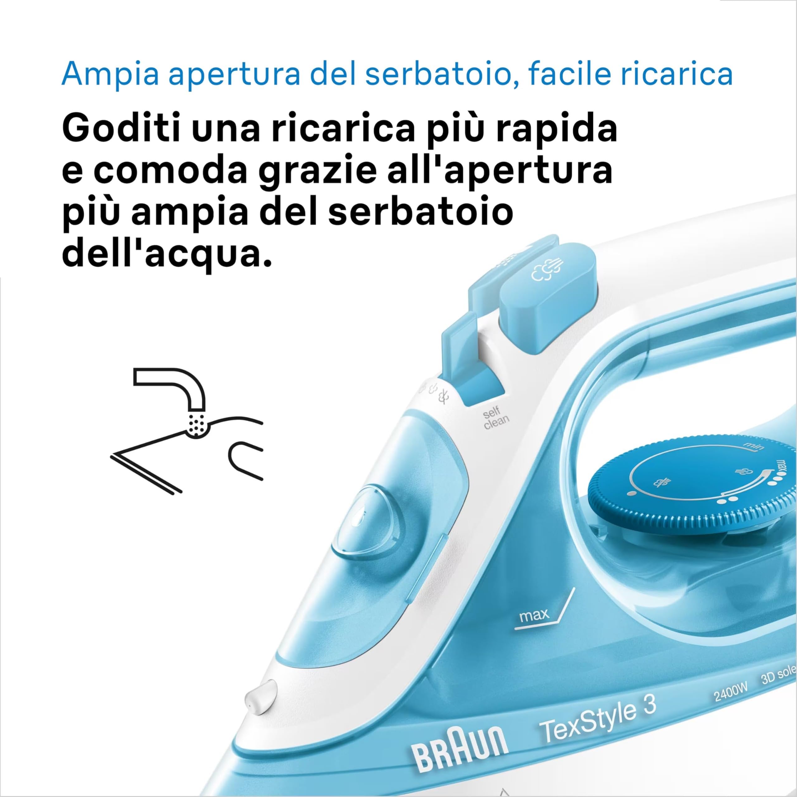 Braun Texstyle 3 SI3053BL Ferro da Stiro a Vapore con 5 ANNI DI ASSISTENZA, Autospegnimento, Riempimento Facile, 270ml, potente getto vapore da170 g/m, Punta di precisione, Azzurro Chiaro