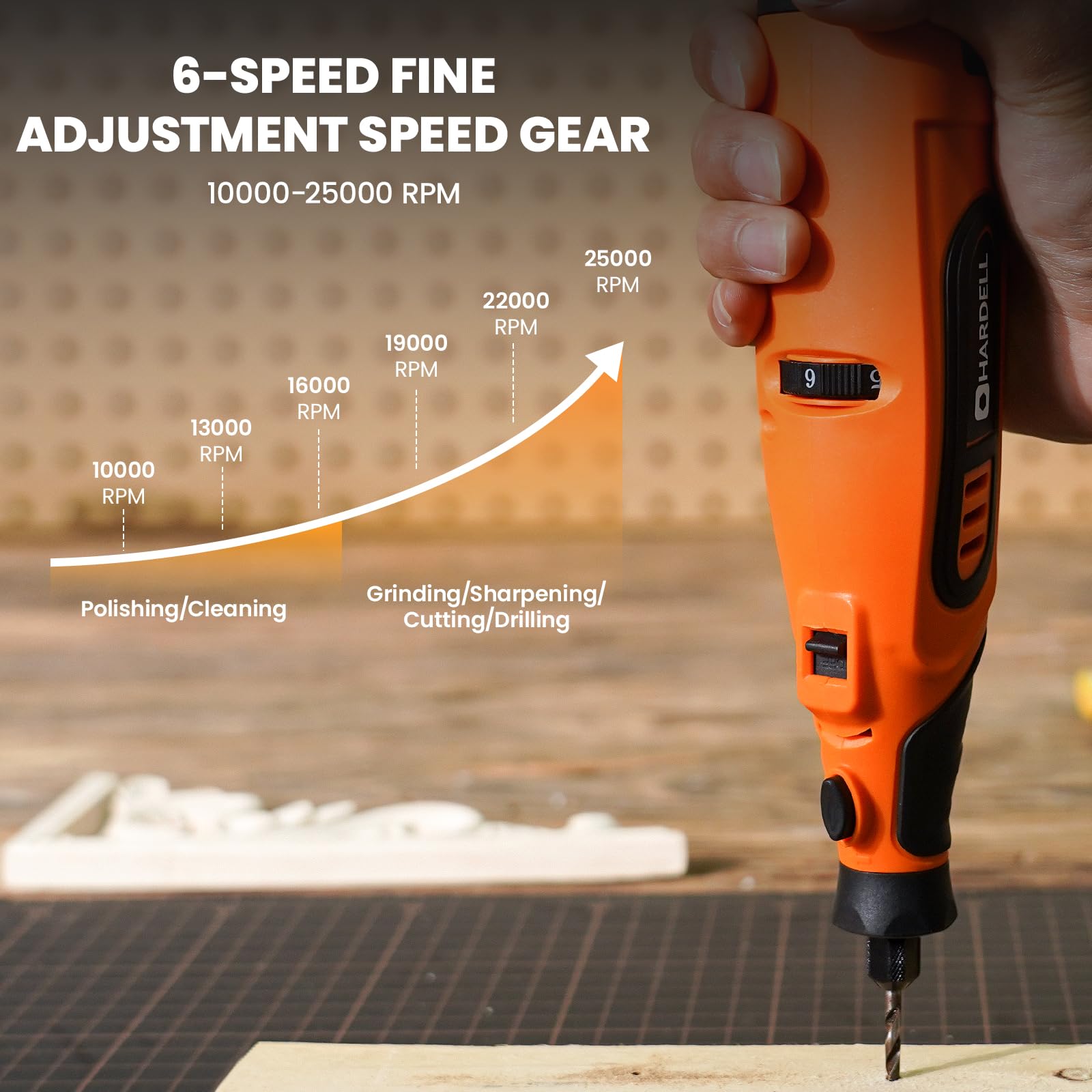 HARDELL Kit de Herramienta Rotativa Inalámbrica de 12 V Actualizado con 43 Accesorios, 6 Velocidades (10 000-25 000 RPM), Batería Extraíble de 1500 mAh, Larga Autonomía para Lijar, Pulir