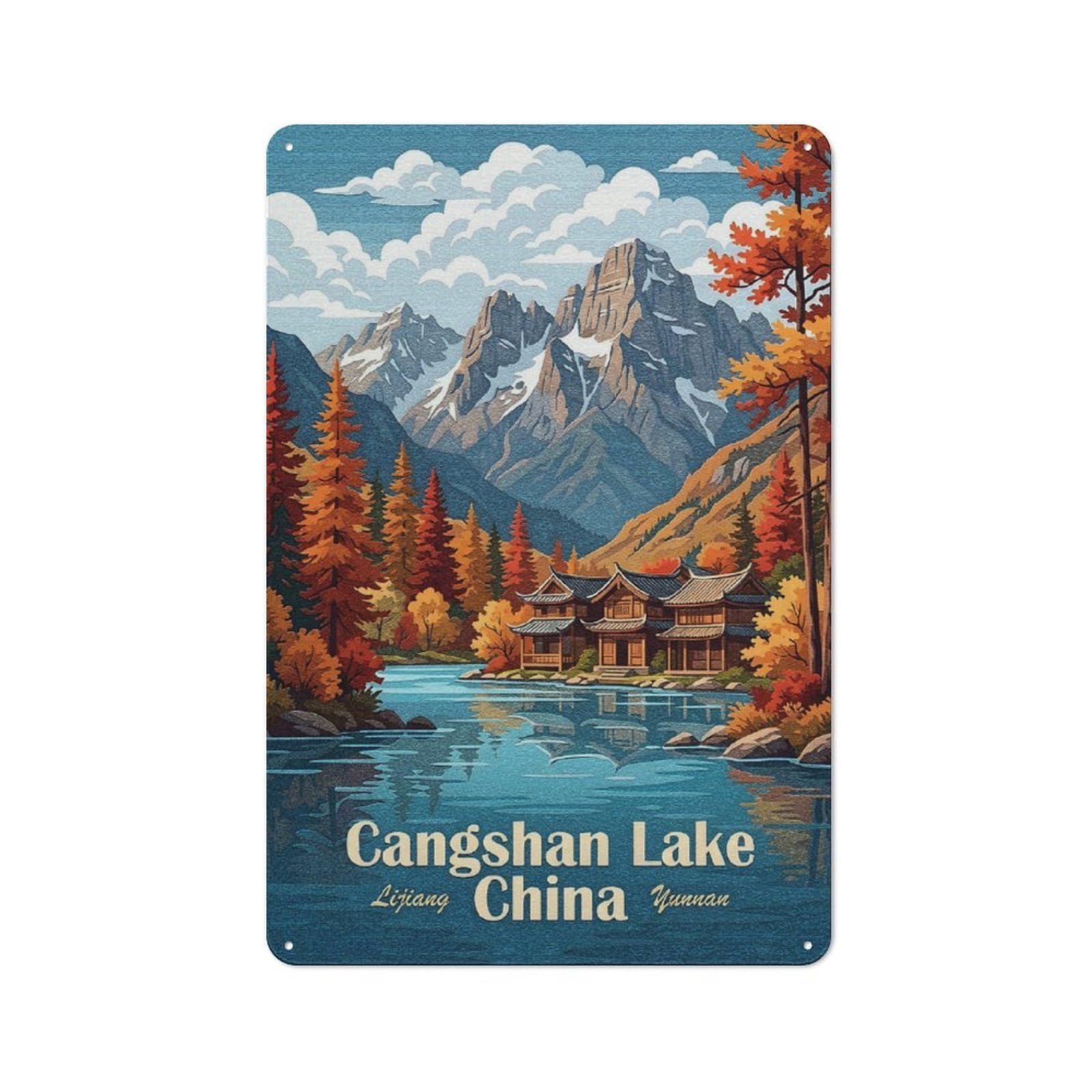 Junmoney Style-18 30X20cm Retro Tin Sign With Cangshan Lake, Lijiang, China, Yunnan For Living Room Wall, Housewarming Present For People Styling Living Room