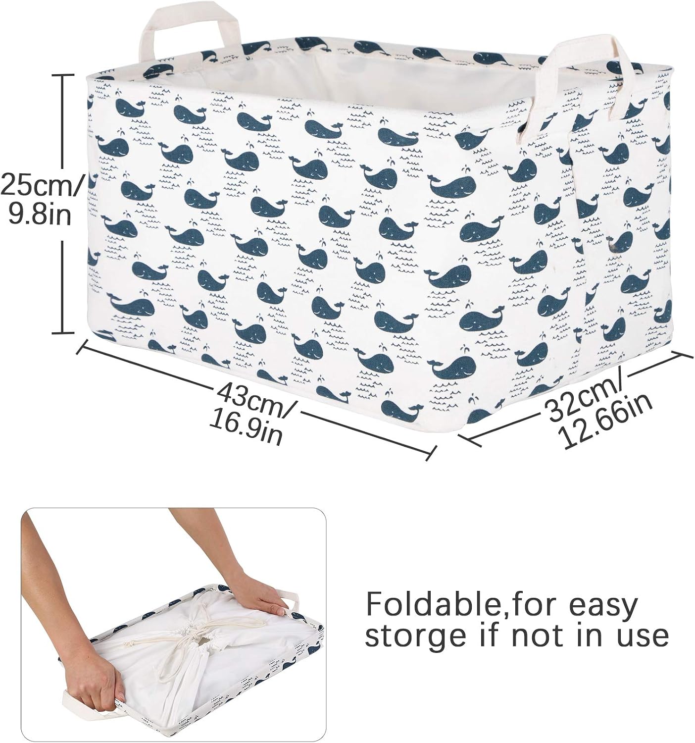 LessMo 2 Pack Large Capacity Storage Basket, Foldable Shelf Basket Organizer with Handles, Drawstring Closure, Waterproof, Dustproof, for Quilts, Clothes, Blankets, Laundry Rooms (Blue Whale)