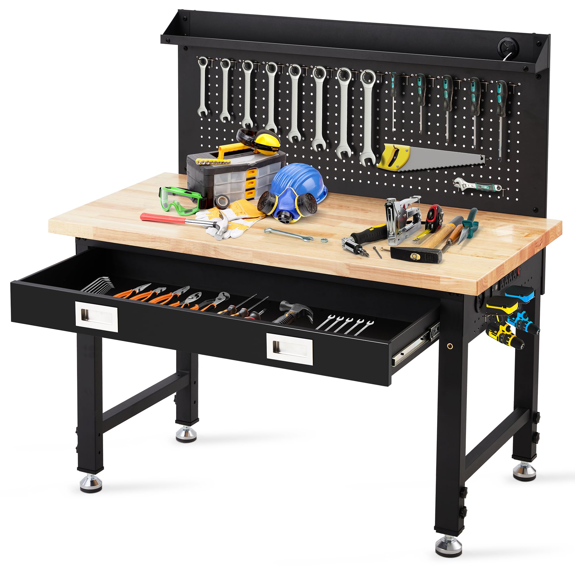 48 Inch Workbench with Storage,Adjustable Metal Framed Hardwood Table Top for Garage with Drawers，Pegboard, Work Light, 10ft Cable, 20 Hooks, 2000 LBS Weight Capacity