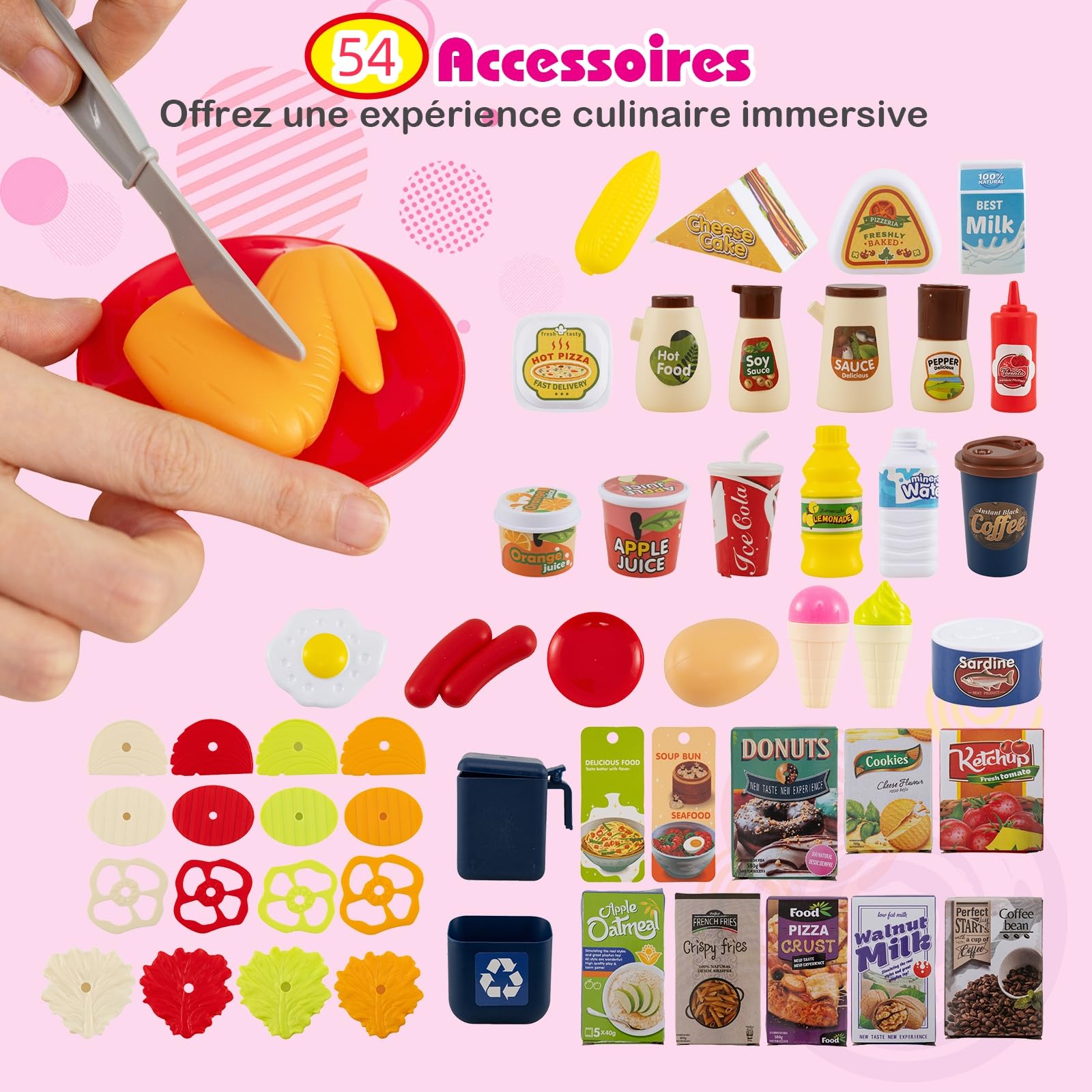 GOPLUS Cocina de Juguete para Niños, Cocinita Infantil con Fogones, Frigorífico, Microondas, Fregadero, Grifo, Vapor, Sonido y Luz, Juego de rol con 54 Accesorios para Niños de 3+ Años (Rosa)