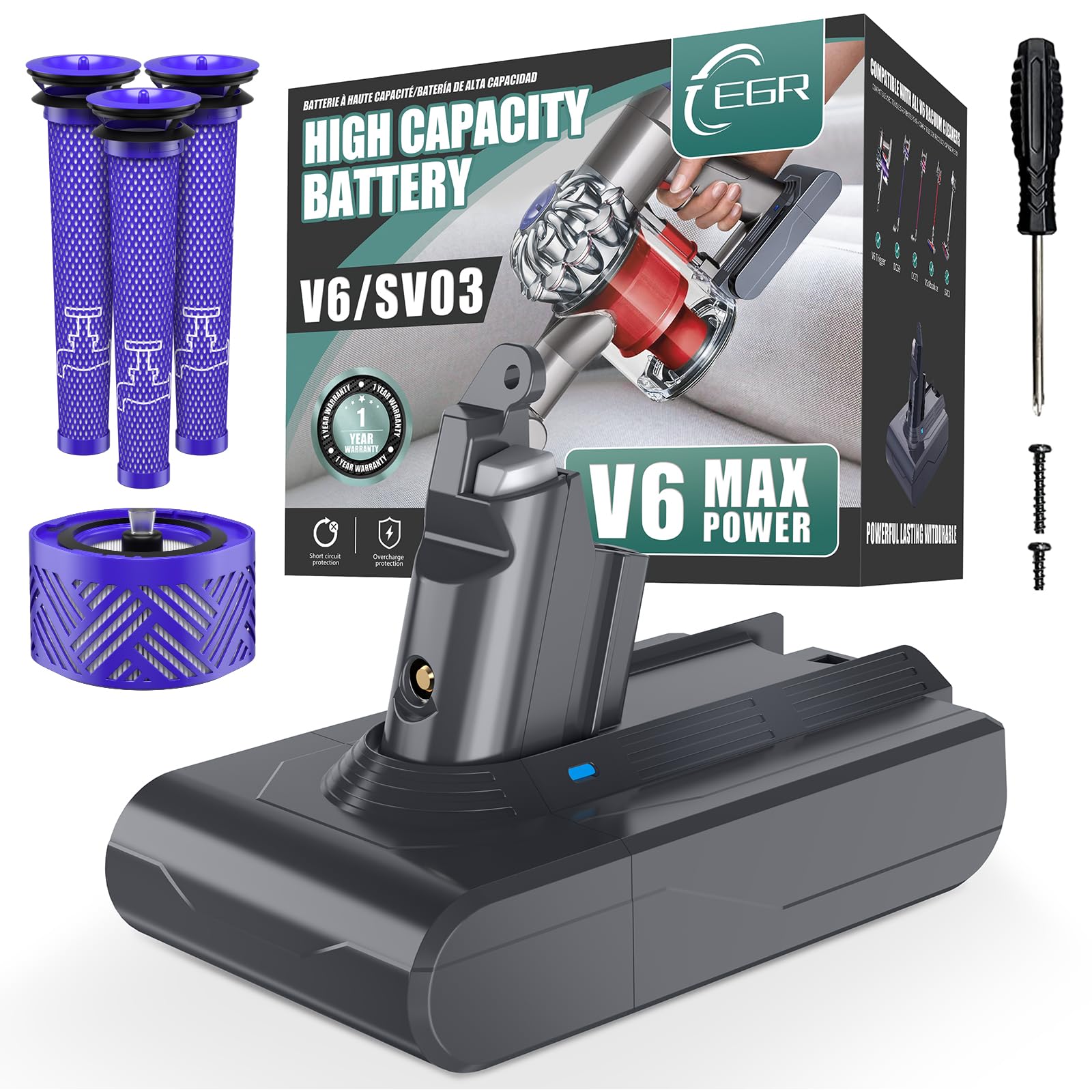 EGR Battery Replacement for Dyson V6 Animal/Absolute/SV/DC Series Cordless Vacuums, Includes Filters