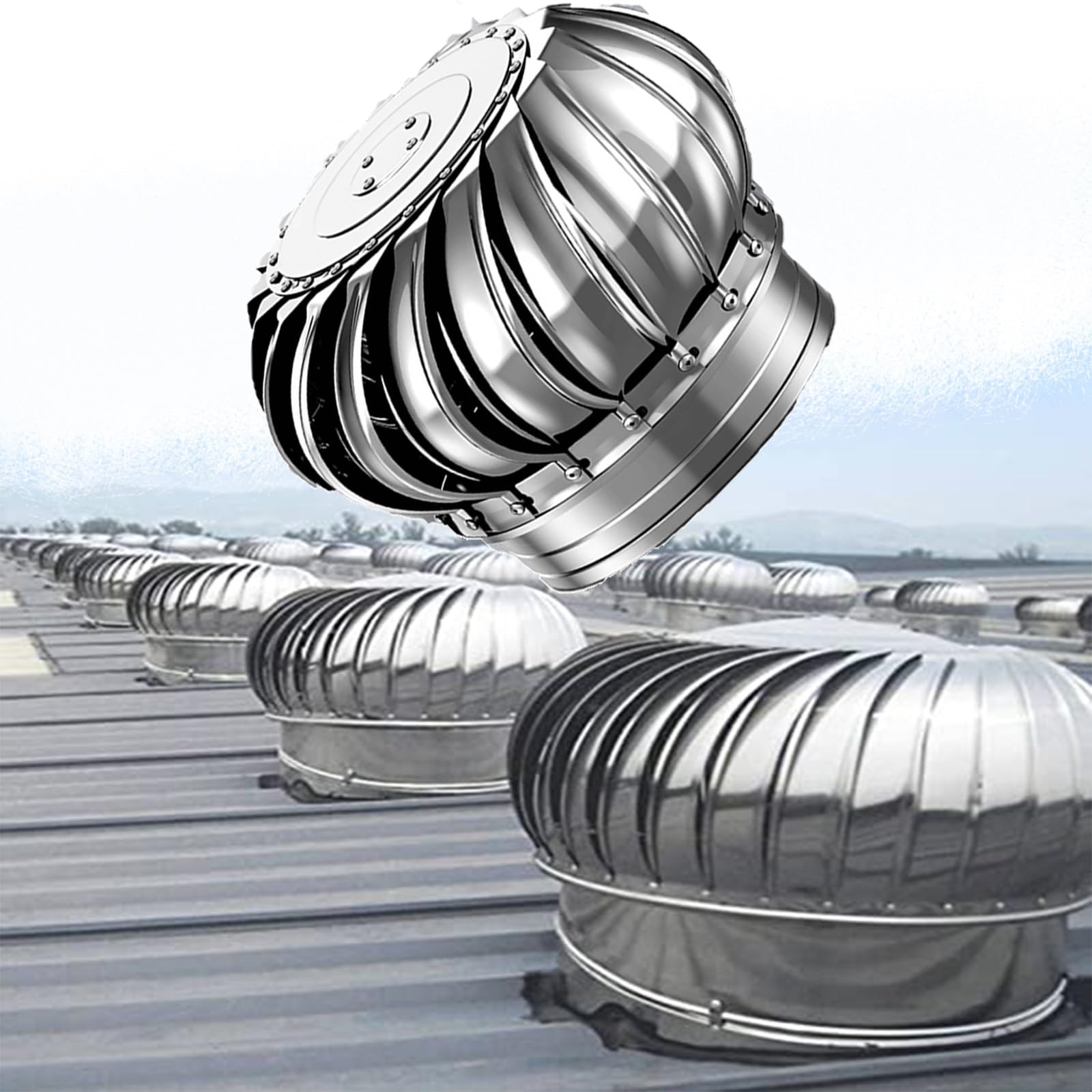 SDCFFC 450mm/18in, 304 Stainless Steel Exhaust Cap Roof Flue Vent, Vent Cap Automatic Rotation by Wind/air Flow, with Wind Turbines, Sturdy and for Chimney