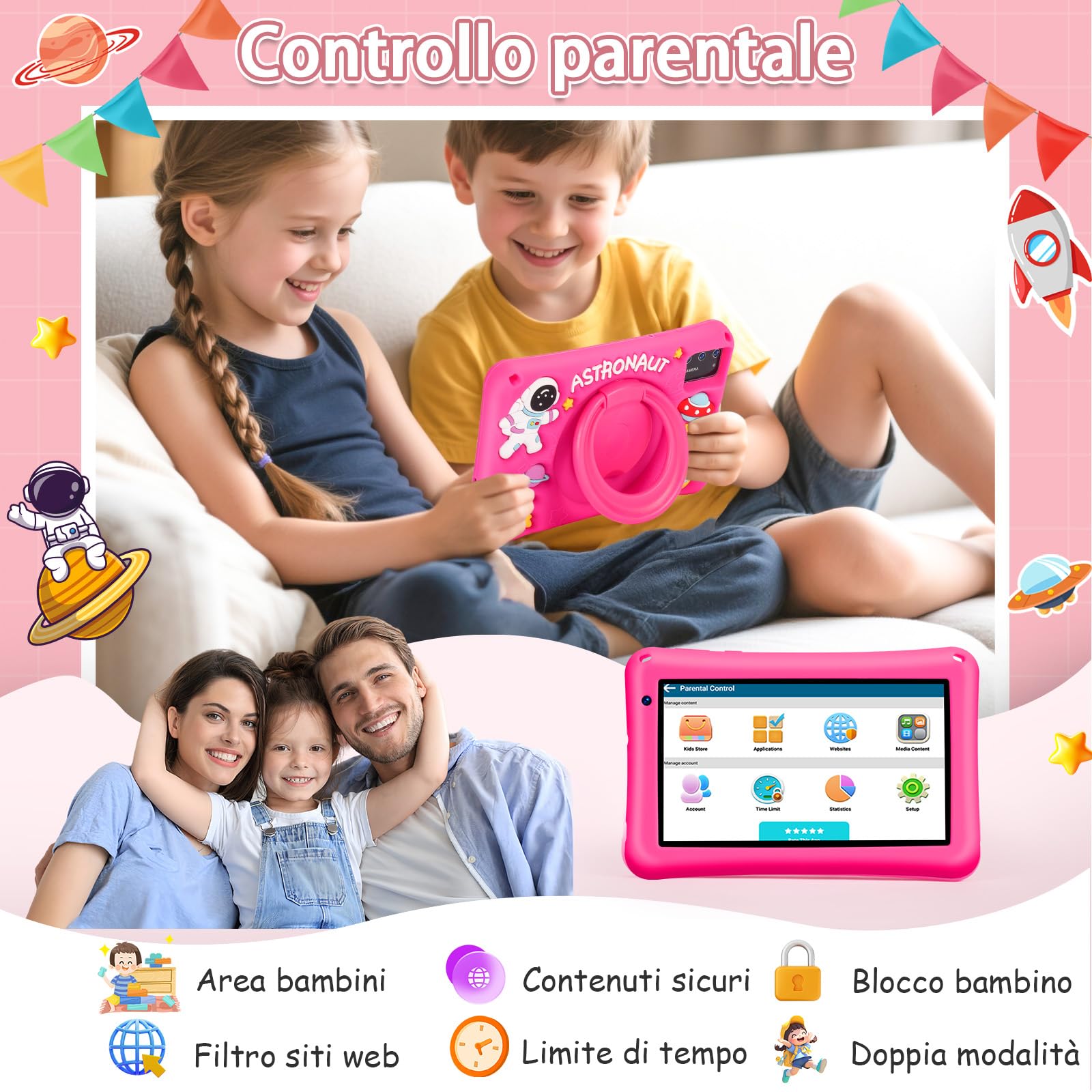 BRILLAR Tablet Bambini 7 Pollici,Android 13 Tableta,8(4+4) GB RAM, 64GB ROM(TF card 256 GB),Octa-Core,Controllo Parentale,WIFI,Tablet per Bambini con Custodia(Rosa)
