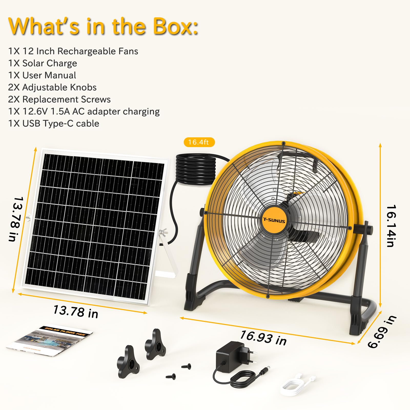 T-SUNUS Ventilatore Solare da Pavimento, Ventilatore Industriale da Pavimento Potente Ricaricabile, Silenzioso, Regolazione continua della velocità per Campeggio Cantiere Magazzino Fabbrica Ø 30cm