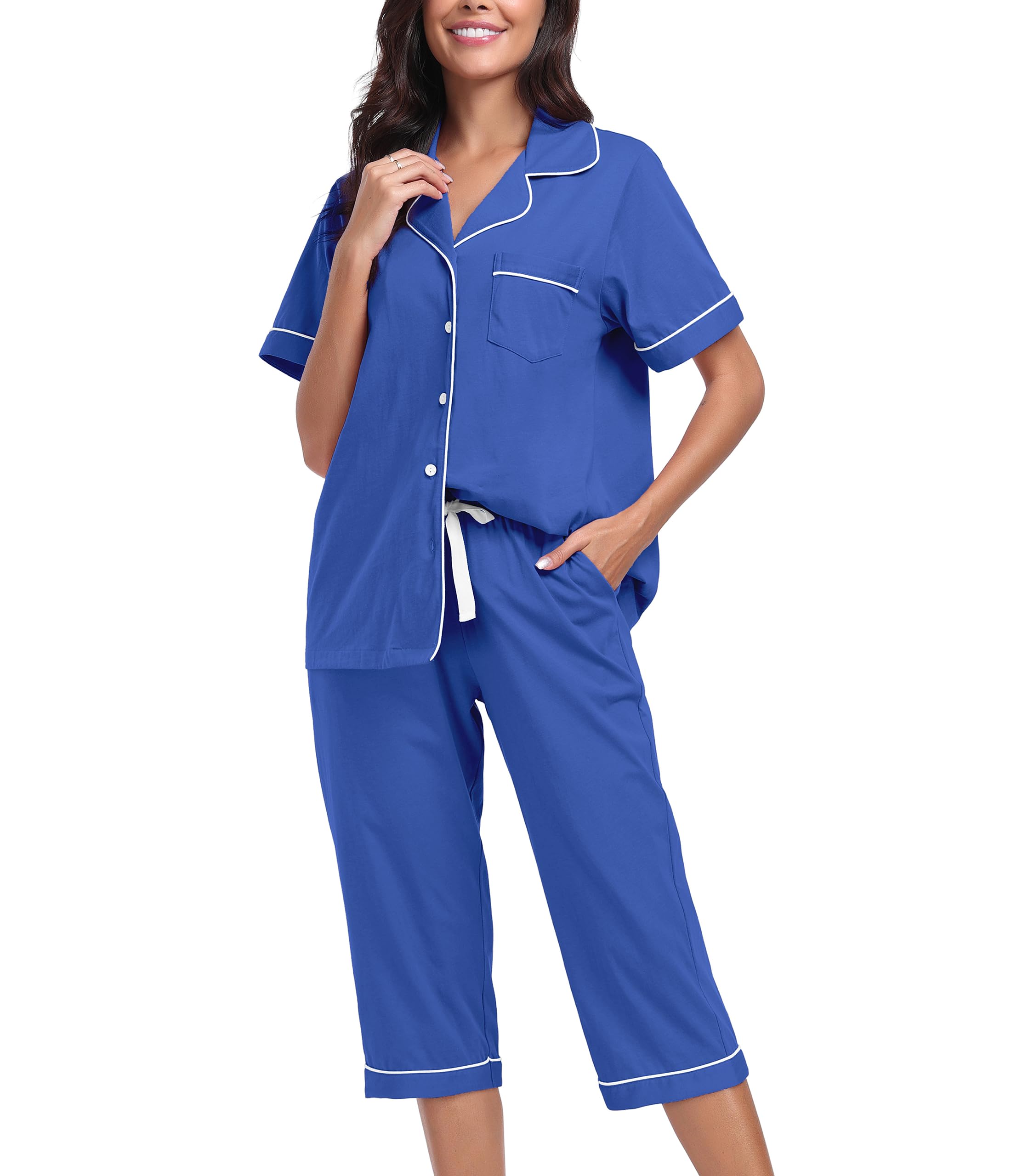 CF 100 Cotton Pajamas for Women Button Down Capri Pjs Lounge Sets Sleepwear 2 Piece PJ Sets Short