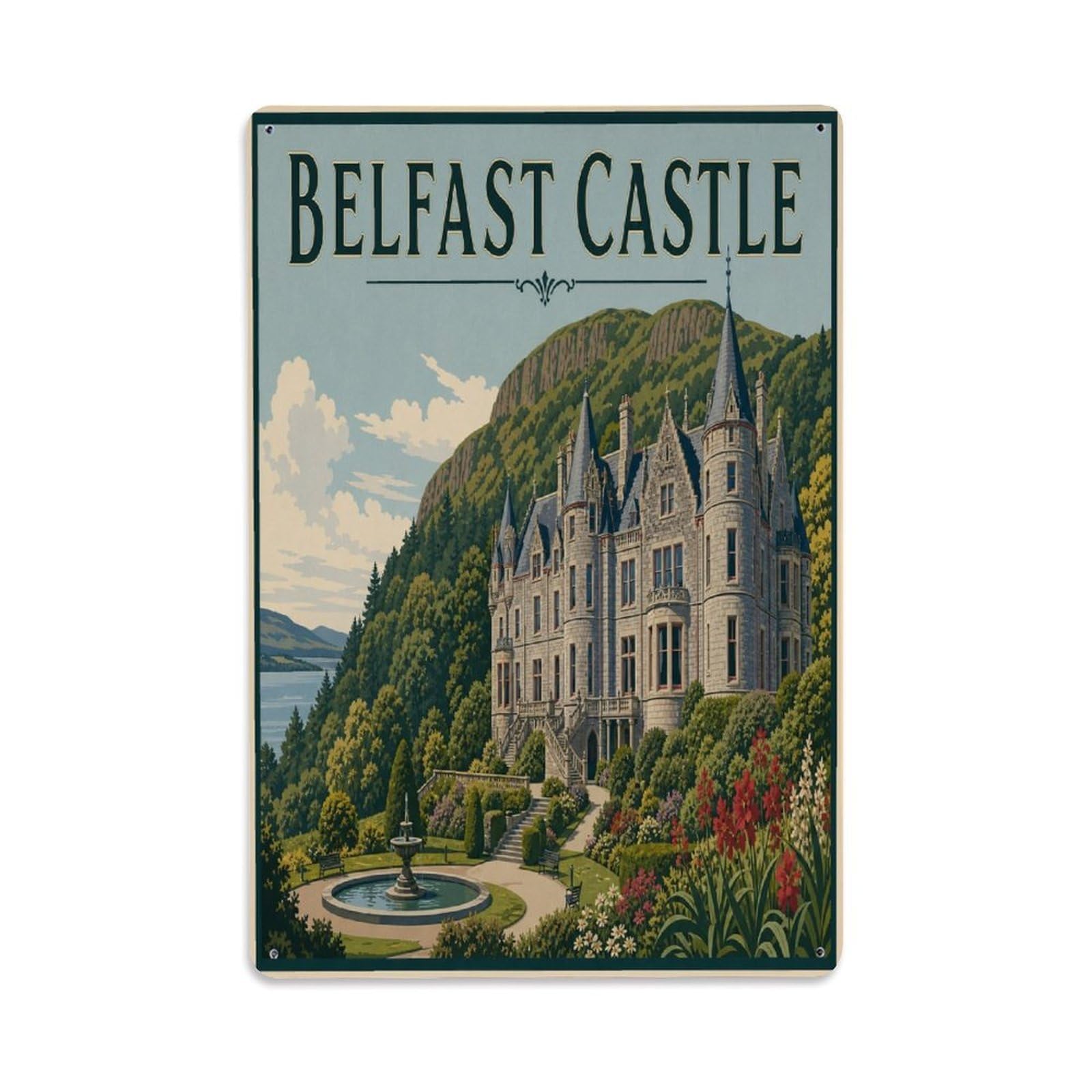 Belfast Castle Ireland Scottish Baronial Heritage Metal Tin Sign Plaque Wall Decor for Cafe, Man Cave, Club Bar, Office, Home Garden Round Metal Poster 8x12Inch