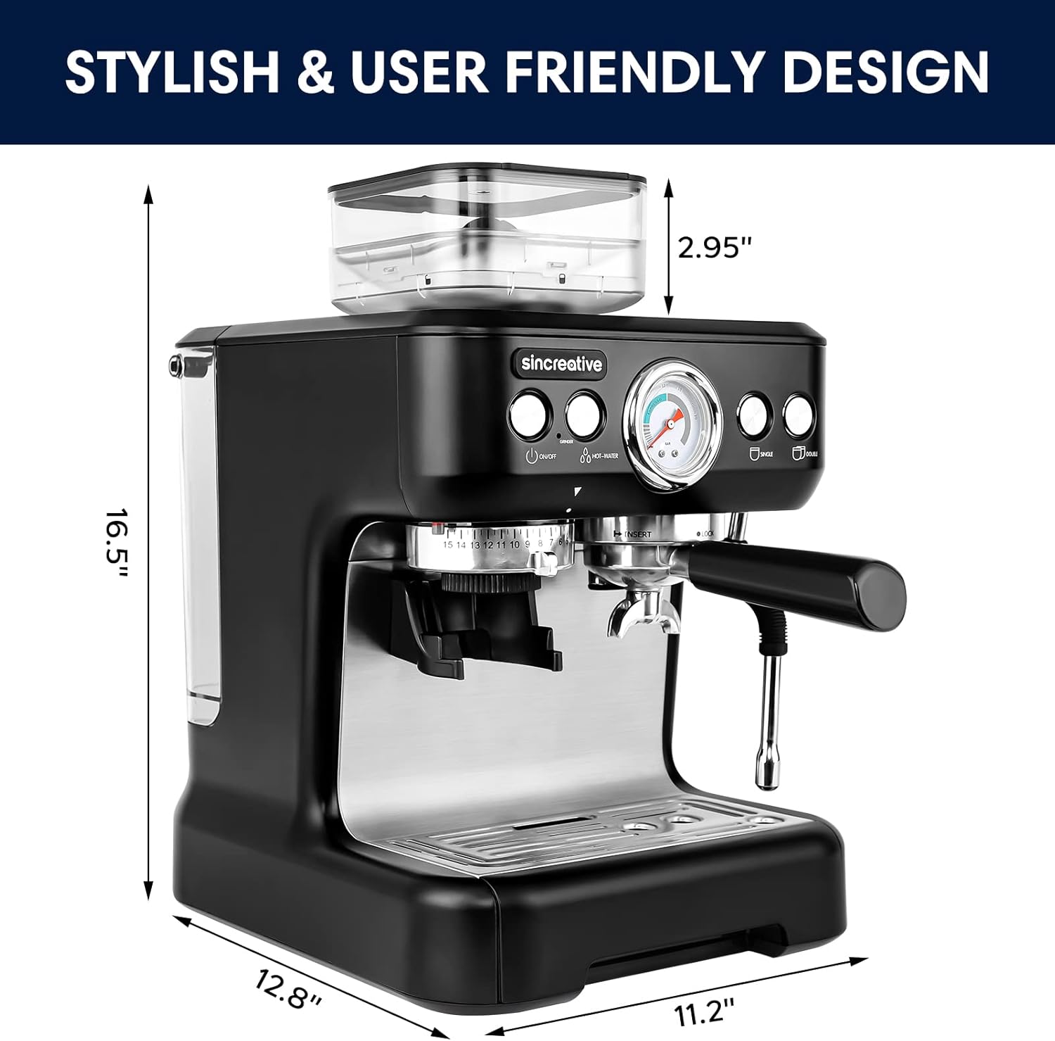Espresso Machine with Grinder and Milk Frother, 20 Bar Semi Automatic