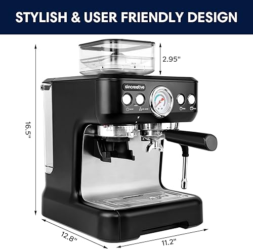 Miniatura 5 de Sincreative Espresso Machine with Grinder and Milk Frother, 20 Bar Semi Automatic Espresso Coffee Machine Latte and Cappuccino Coffee Maker All in