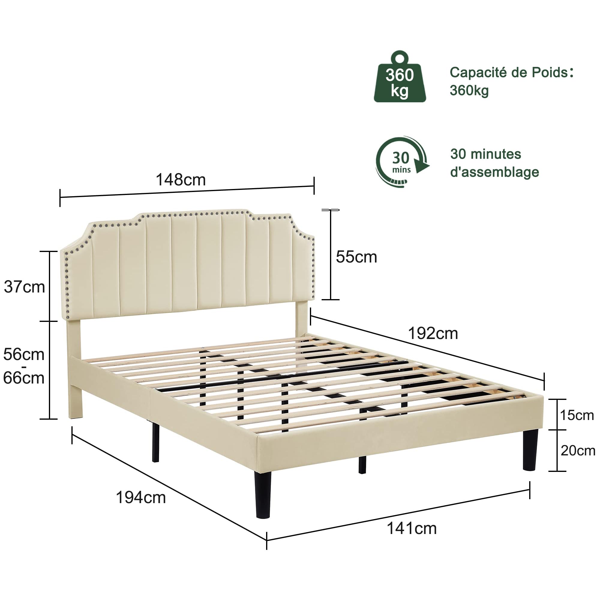 VECELO Lit Double Rembourré 140x190 cm, Cadre de Lit avec Tête de Lit, Support à Lattes en Bois Solide, Tissu en Velours Haut de Gamme, Facile à Assembler, Beige