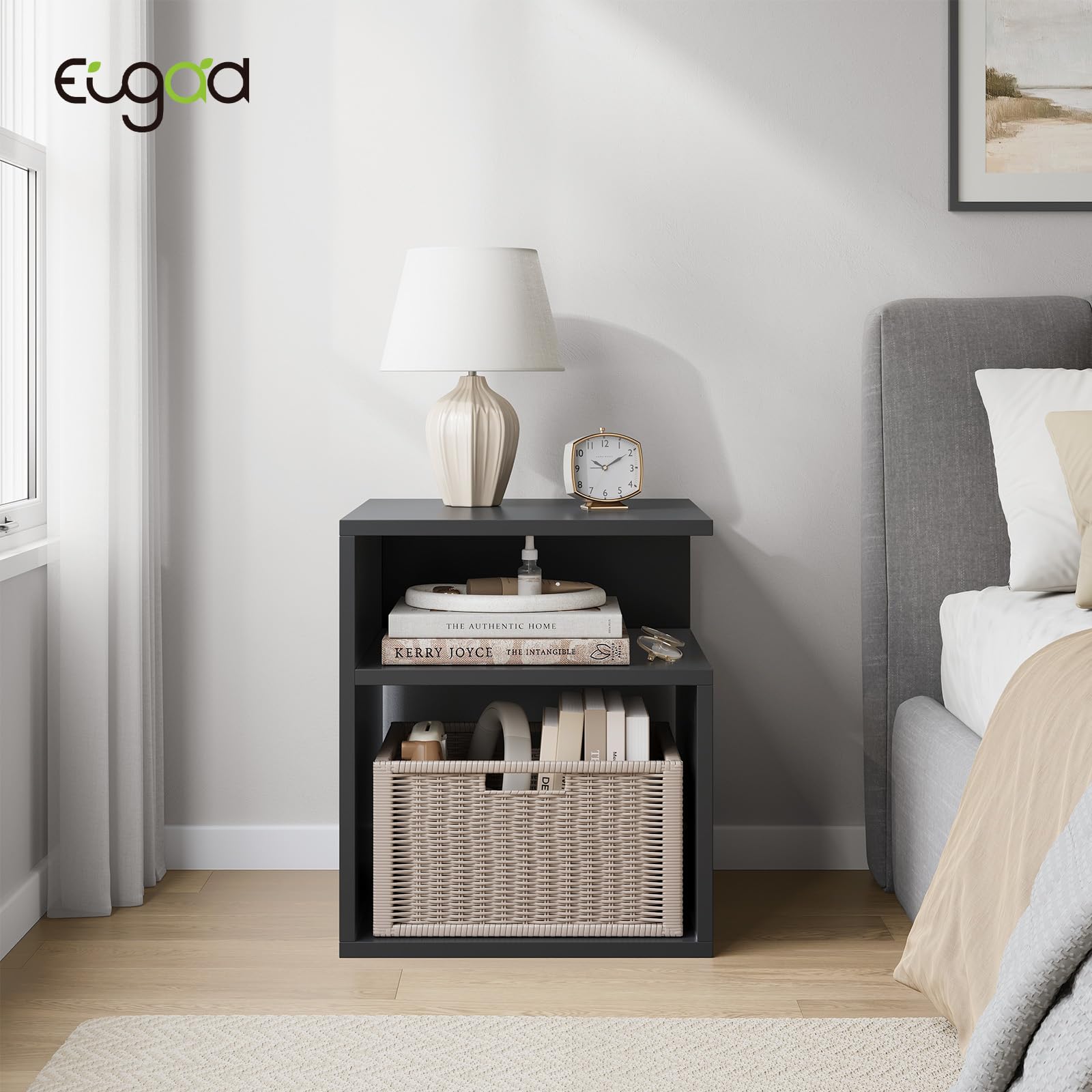 EUGAD Mesita de Noche Pequeña Negra con Compartimentos Abiertos, 35x35x41,5 cm, Mesilla Moderna para Dormitorio Pequeño, Cama y Sofá Salón, 0006CTG