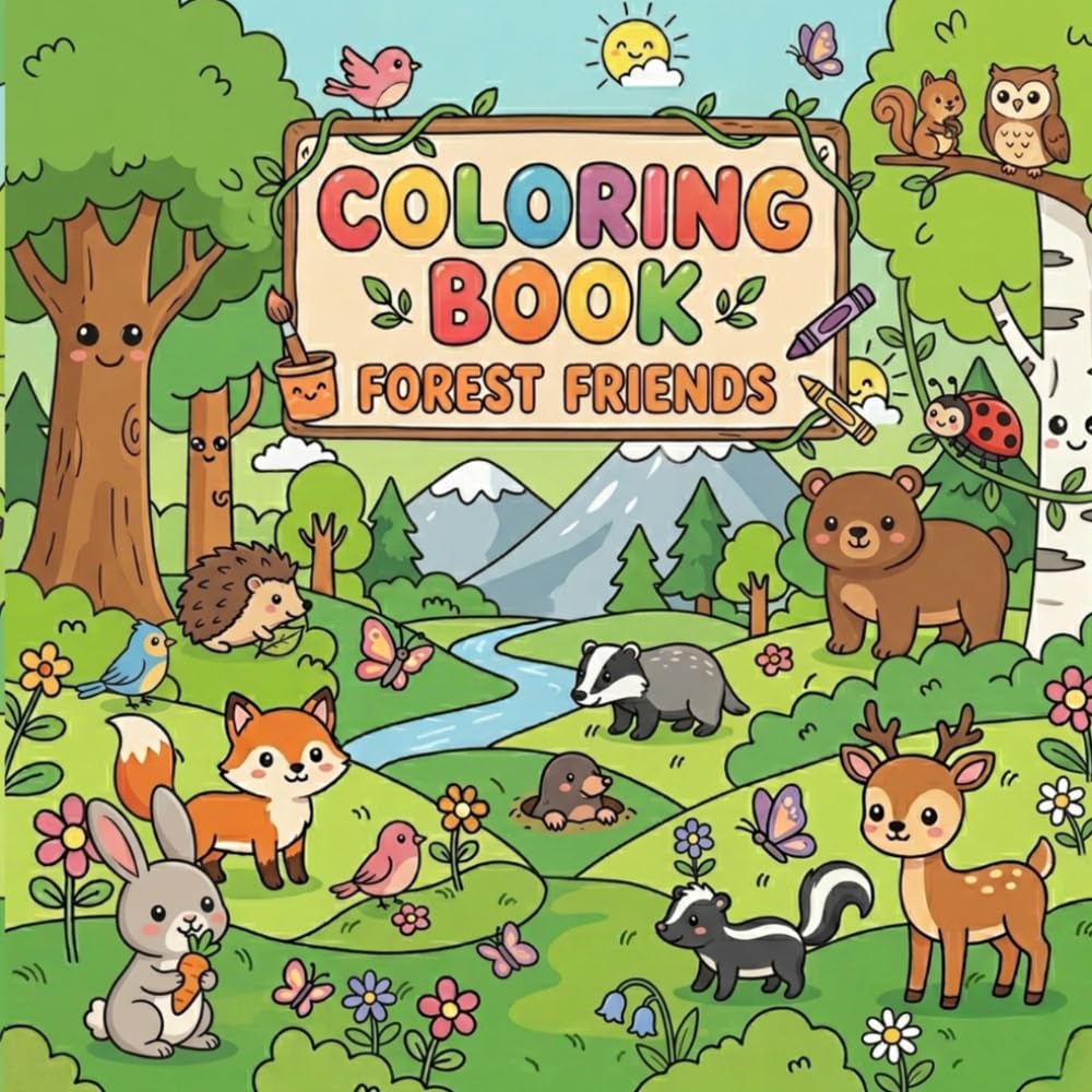 Forest Friends: Coloring Book for Kids: Cute and Simple Woodland Animal Designs for Toddlers and Children Ages 3 -10.