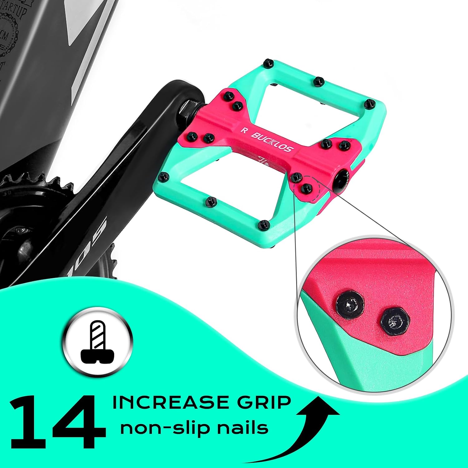 BUCKLOS MTB Banchi Green-Red Flat Pedals Mountain Bike Pedals Aluminum Alloy Non-Slip Pedal and GR800 3D Printed Red TPU Non-Slip Bike Handlebar Grips image 3