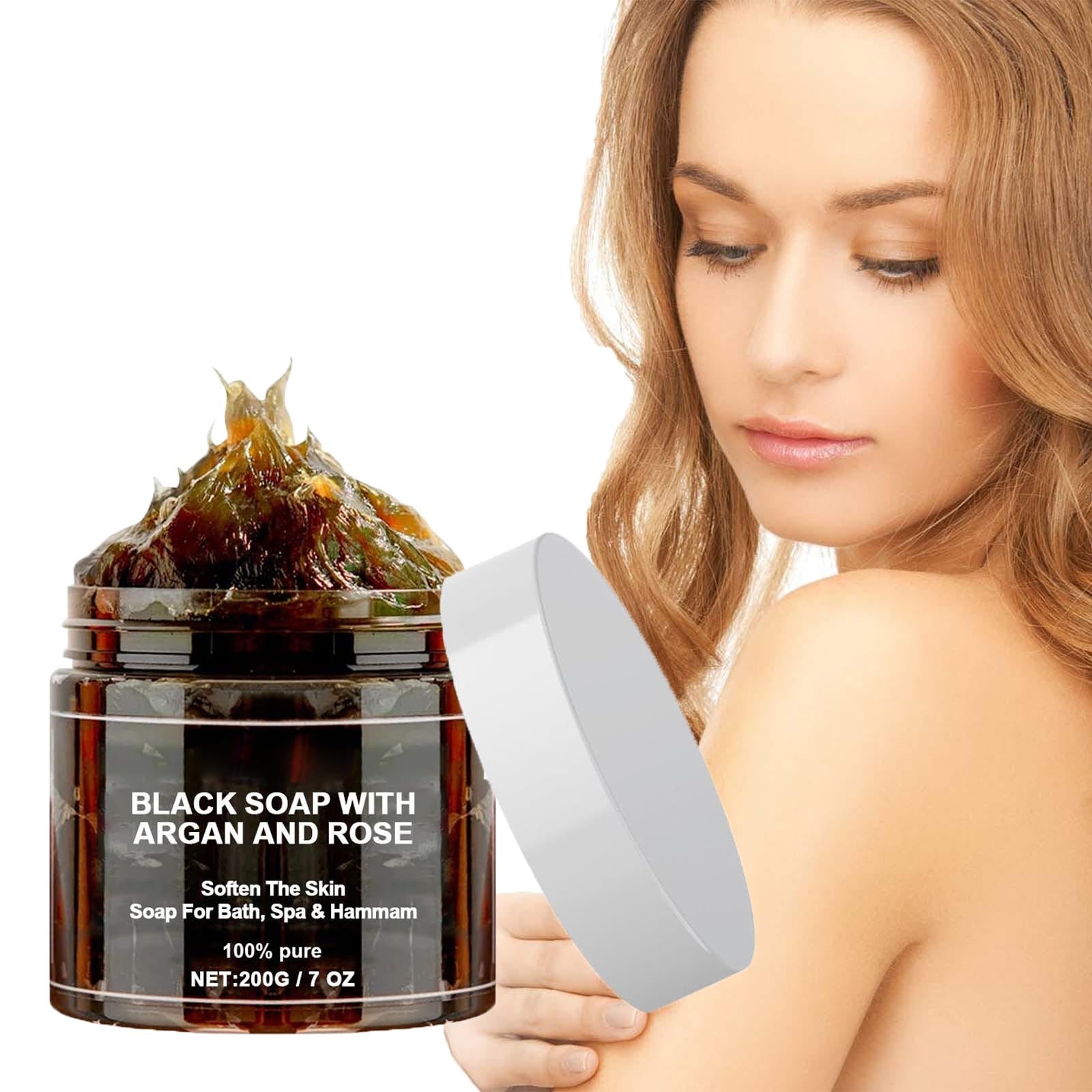Morocco Black Soap with Argan and Rose, 100% Organic Moroccan Body Exfoliating Scrub - 200 g (1 Piece)
