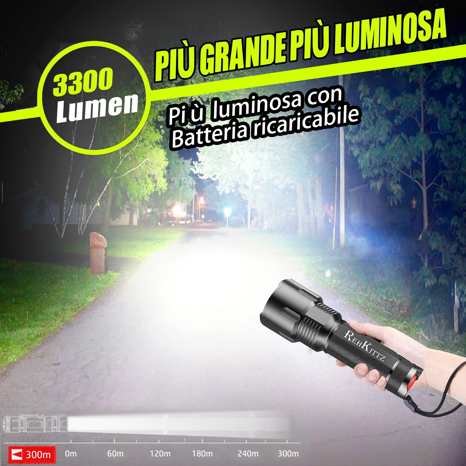 REHKITTZ Torcia LED 3300 Lumen Ultra Potente Regolabile Zoomable Torcia, per Attività Esterne o Fai Da Te.