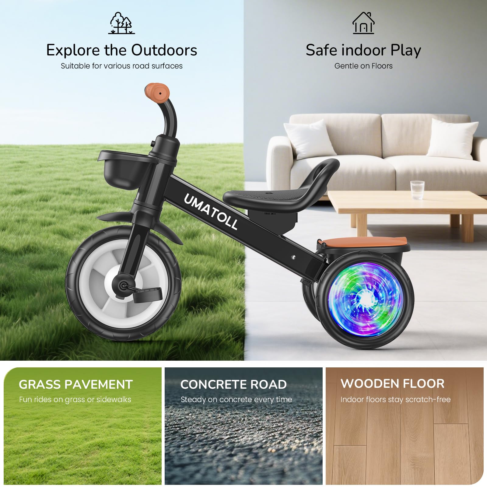 Umatoll Tricycle for Toddlers 2-5 Year Old, Ajustable Toddler Bike Outdoor Toys, Birthday Gift for Boy Age 2-4, Trike with Light up Wheels