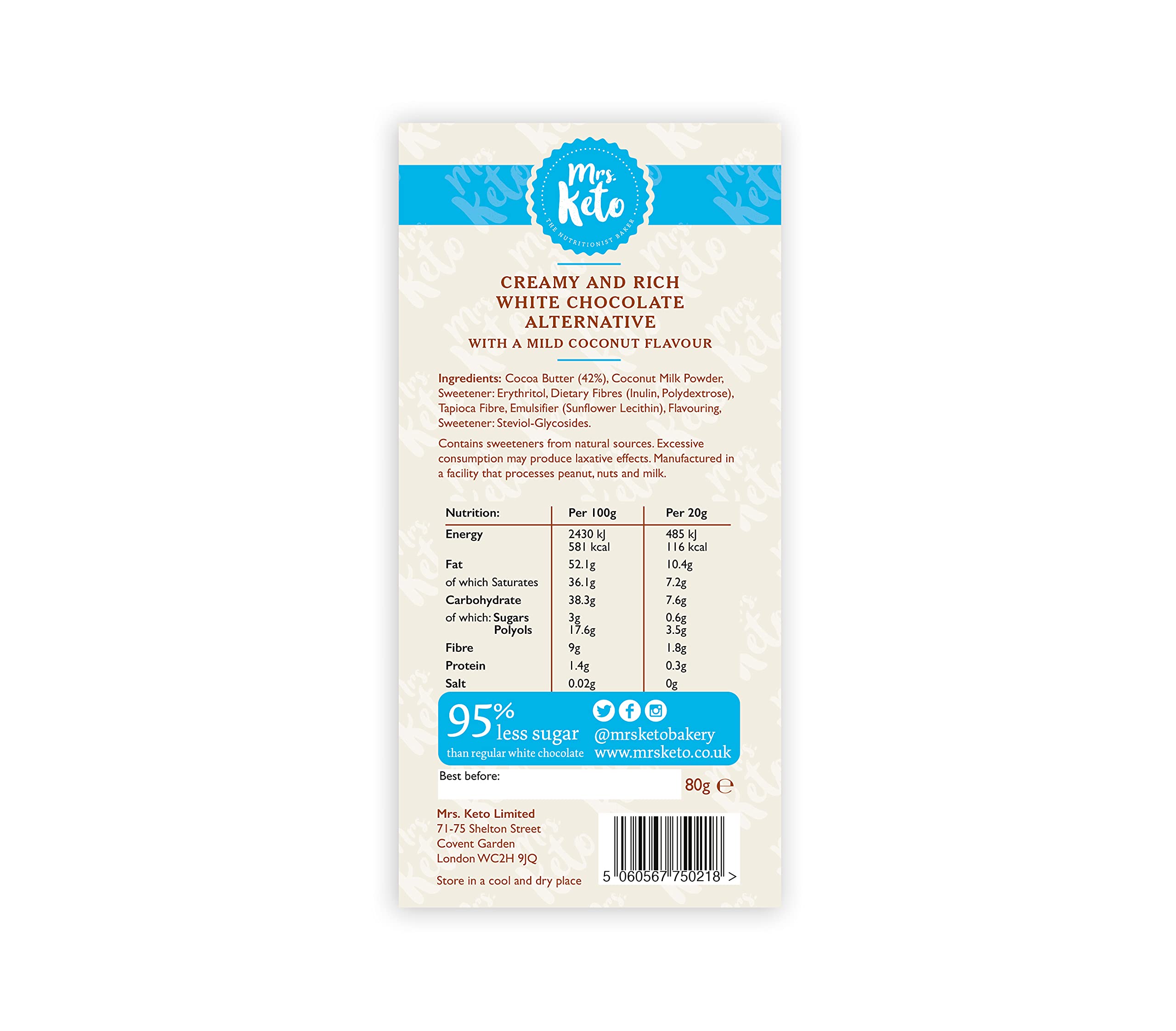 Buy Mrs. Keto Sugar Free White Chocolate Bars Vegan, Dairy Free, Low Carb No Maltitol