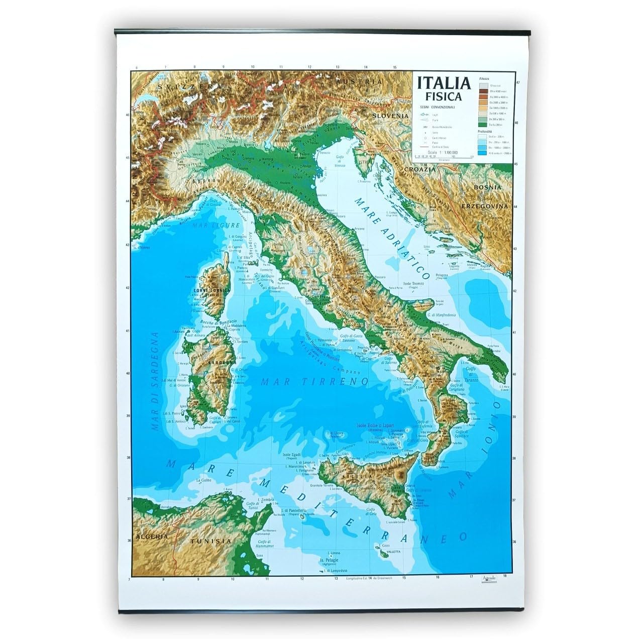 Carta Geografica Murale Italia Bifacciale Fisica Politica 100x140 cm Plastificata Scala 1:1.100.000