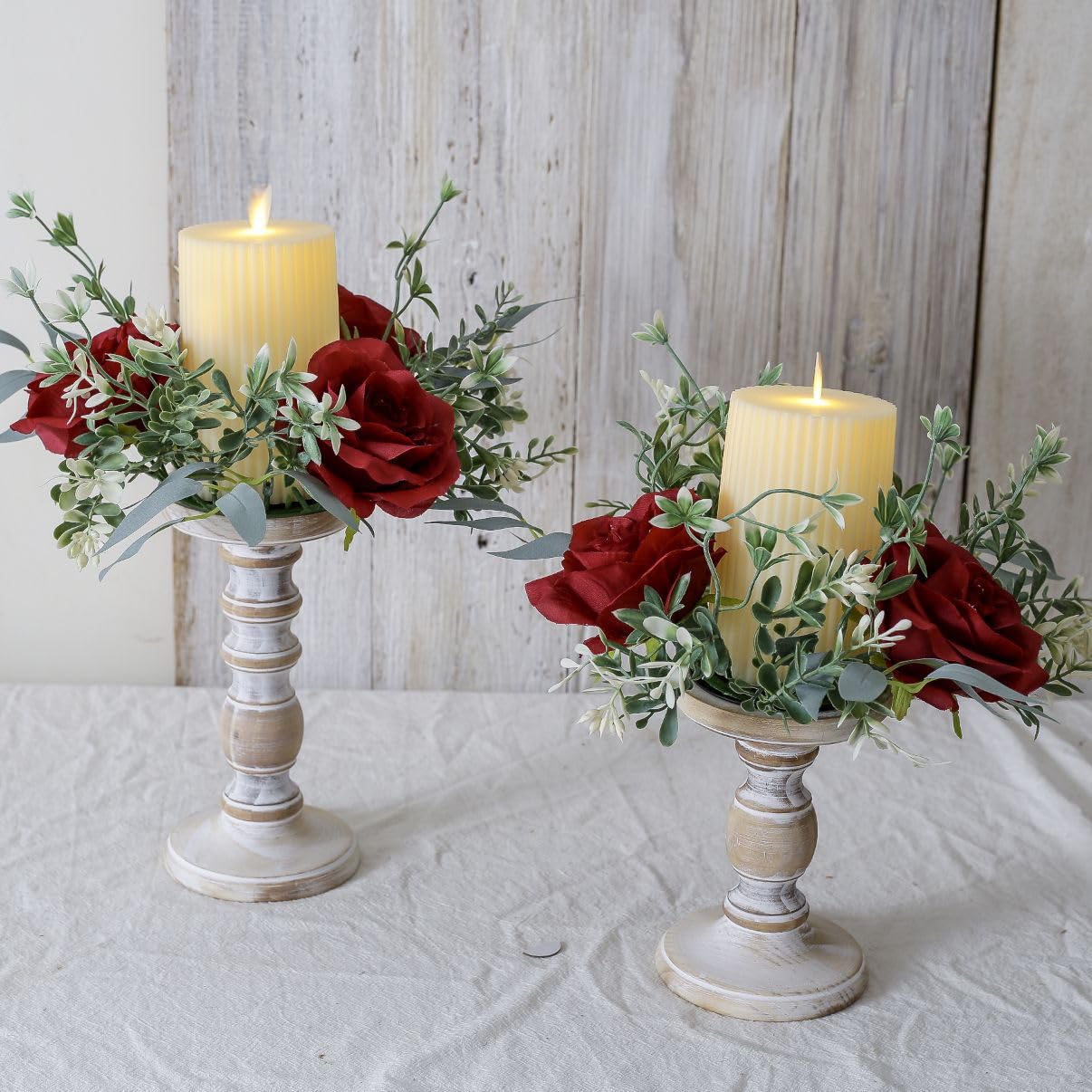 Ccuuhj Red 2 Pcs Artificial Flowers Candle Rings Fake Roses Floral Wreaths Wedding Centerpieces For Tables Spring Summer Farmhouse Weddings Party Ceremony Decor (Red)
