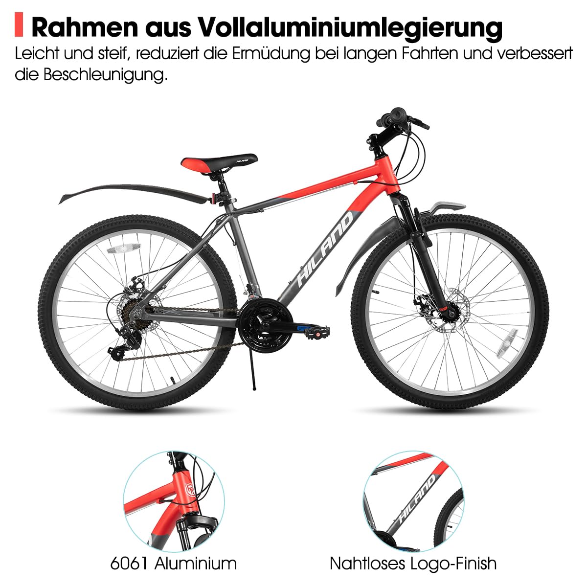 Hiland 26 27,5 29 Zoll Mountainbike 18 Gänge, Federgabel, Aluminiumrahmen MTB Fahrrad für Männer Frauen, mit Scheibenbremse, Schwarz/Blau/Orange
