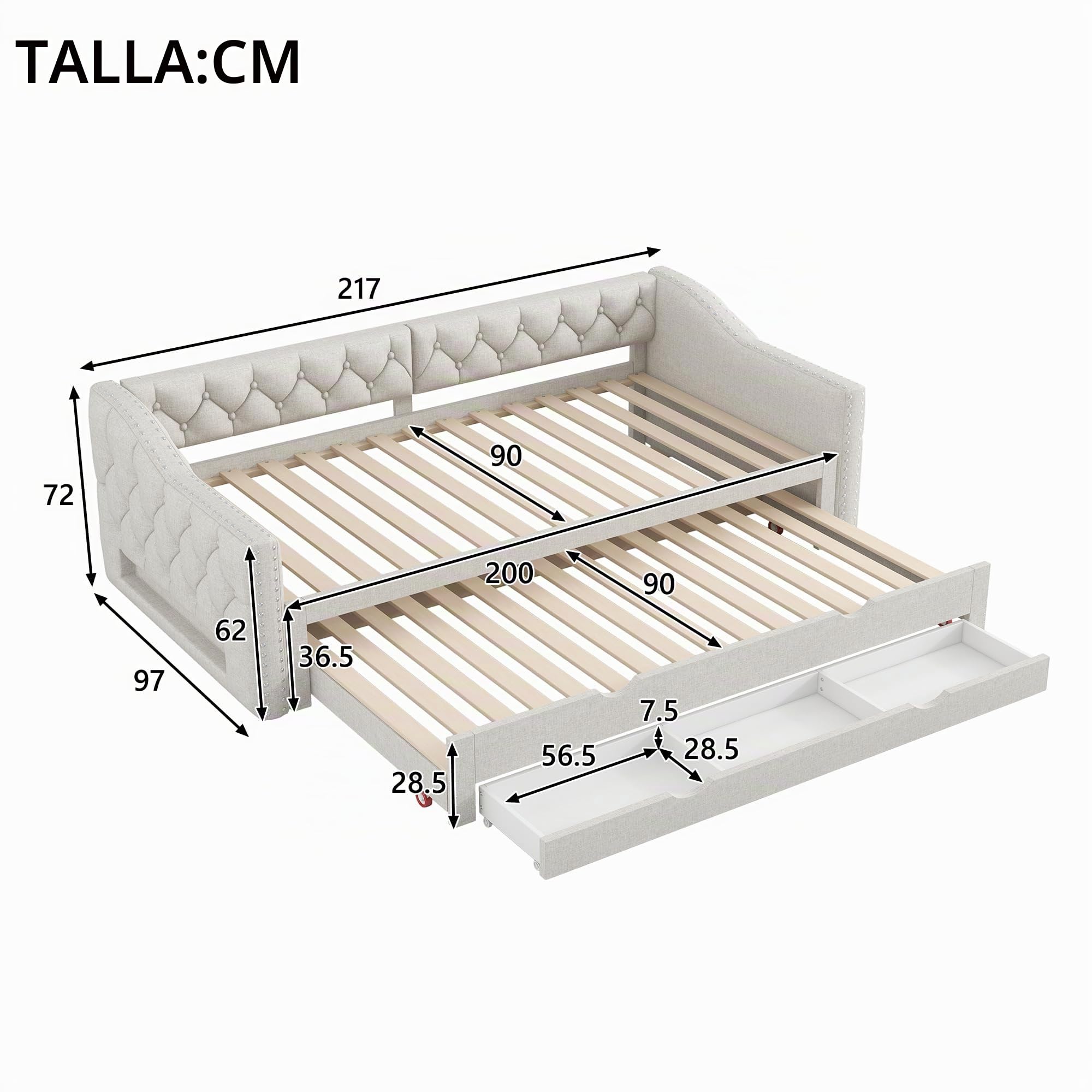 Moimhear Cama de día acolchada con luz LED, cama nido y tres cajones, sin colchón, beige, 90 x 200 cm