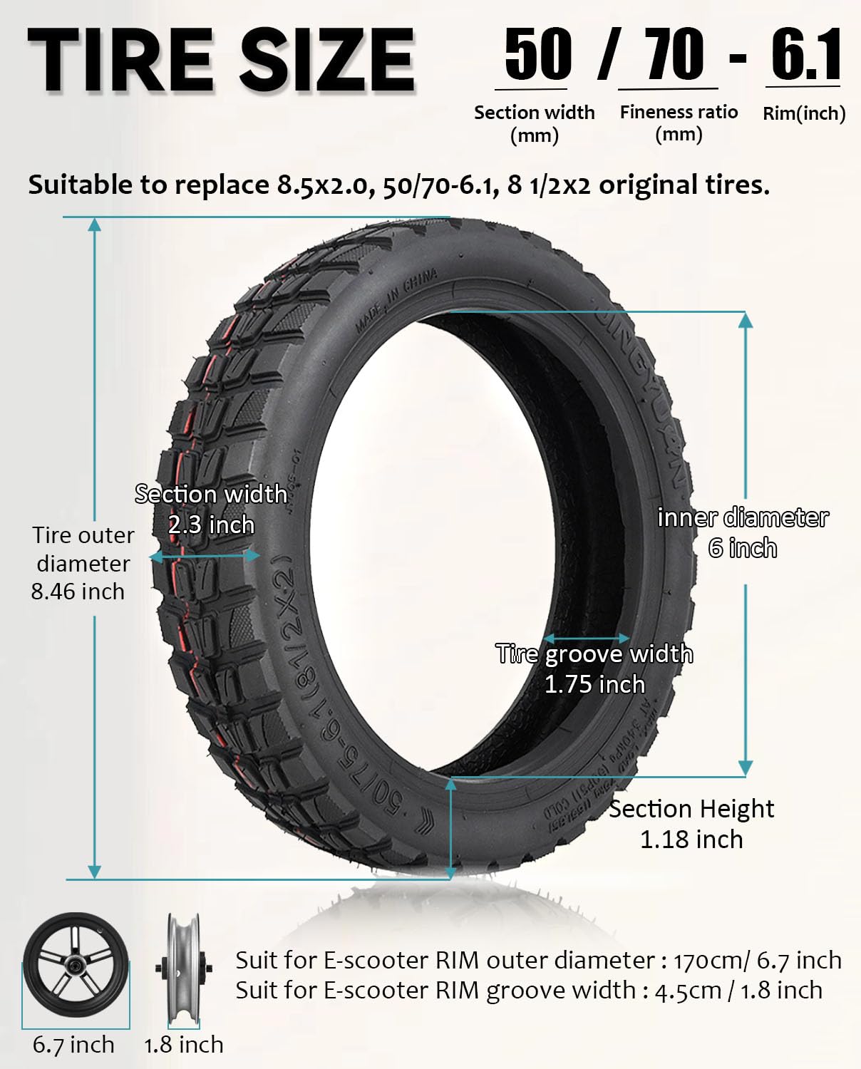 Solidna opona 8,5 x 2,0 cala, opona zapobiegająca przebiciu 50/75-6.1 do Xiaomi M365/Pro 2/3 Lite/Essential, Ninebot D38E/F65I/F25I skuter elektryczny, zamiennik dla 8 1/2x2, 8,5x2