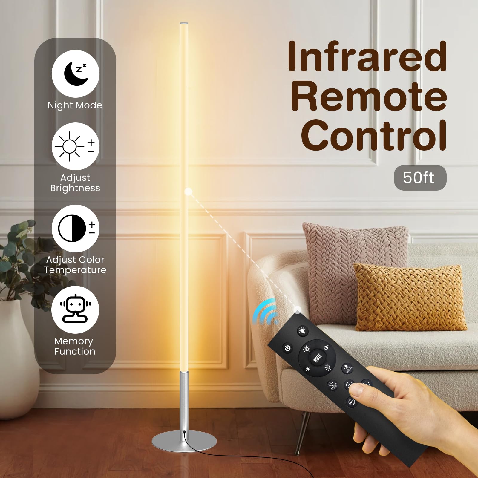 Lámpara de pie LED de esquina para sala de estar, luz minimalista con control remoto, colores y brillo ajustables continuos de 2700 a 6500 K, luz brillante de lectura moderna, lámpara de pie de 58 3