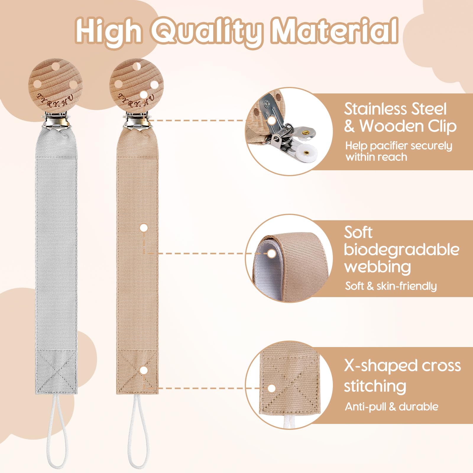 TYRY.HU Catenella Portaciuccio Tessuto Morbido Catenella Ciuccio Fatto a Mano Succhietto Porta Clip di Legno Cotone Bambini Ragazzi Massaggiagengive Clip Baby Regalo,2 Pezzi