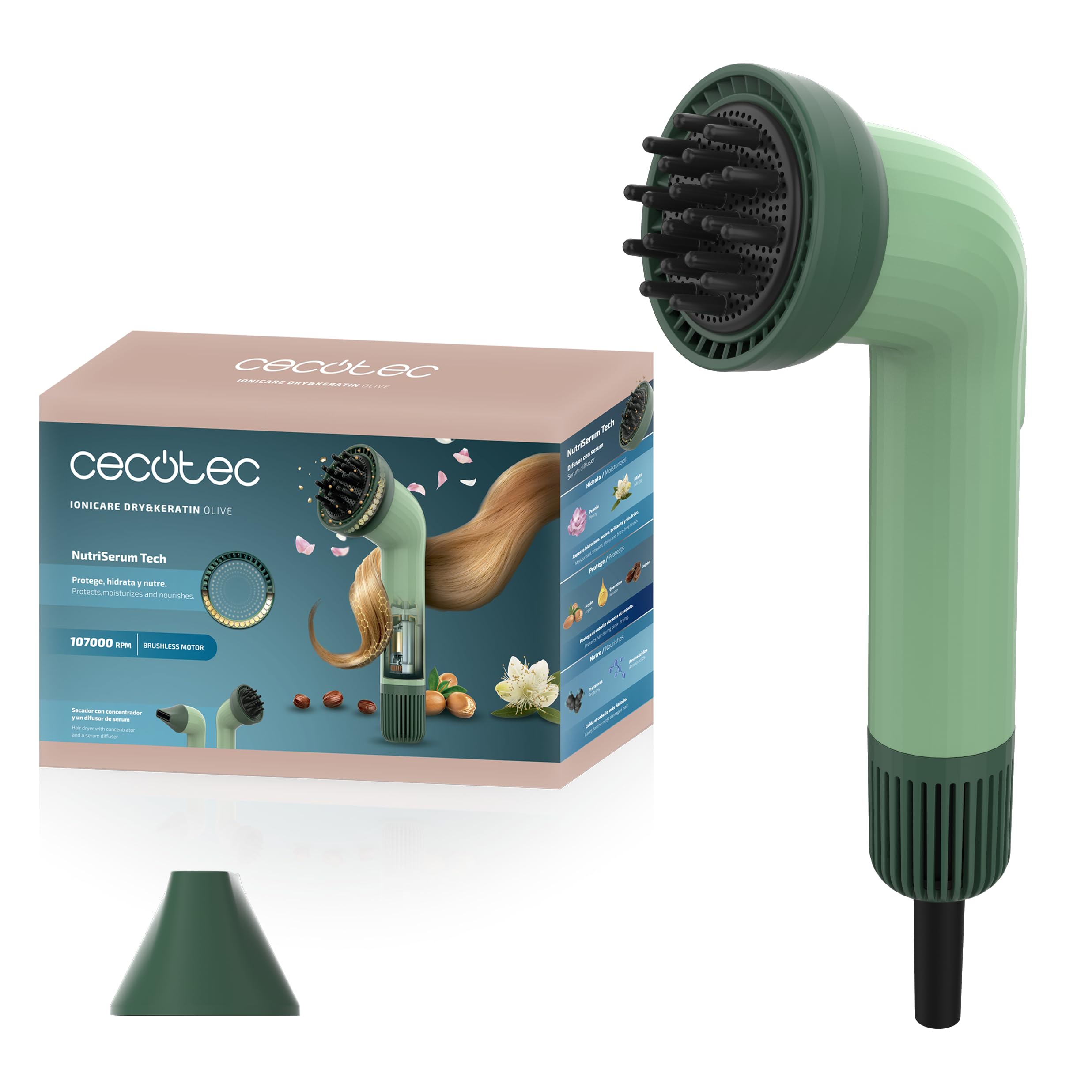 Cecotec Kompaktowa suszarka do włosów IoniCare Dry&Keratin Olive. 1200 W, 107000 obr./min, silnik bezszczotkowy, funkcja jonowa, głowica z technologią NutriSerum i twardymi zębami, głowica