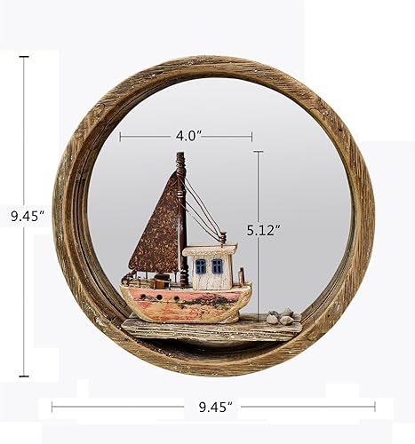 Miniatura 2 de Linfevisi Espejo redondo de madera rústica, espejos de pared grandes, decoración con marco de madera maciza, espejo náutico decorativo con velero,