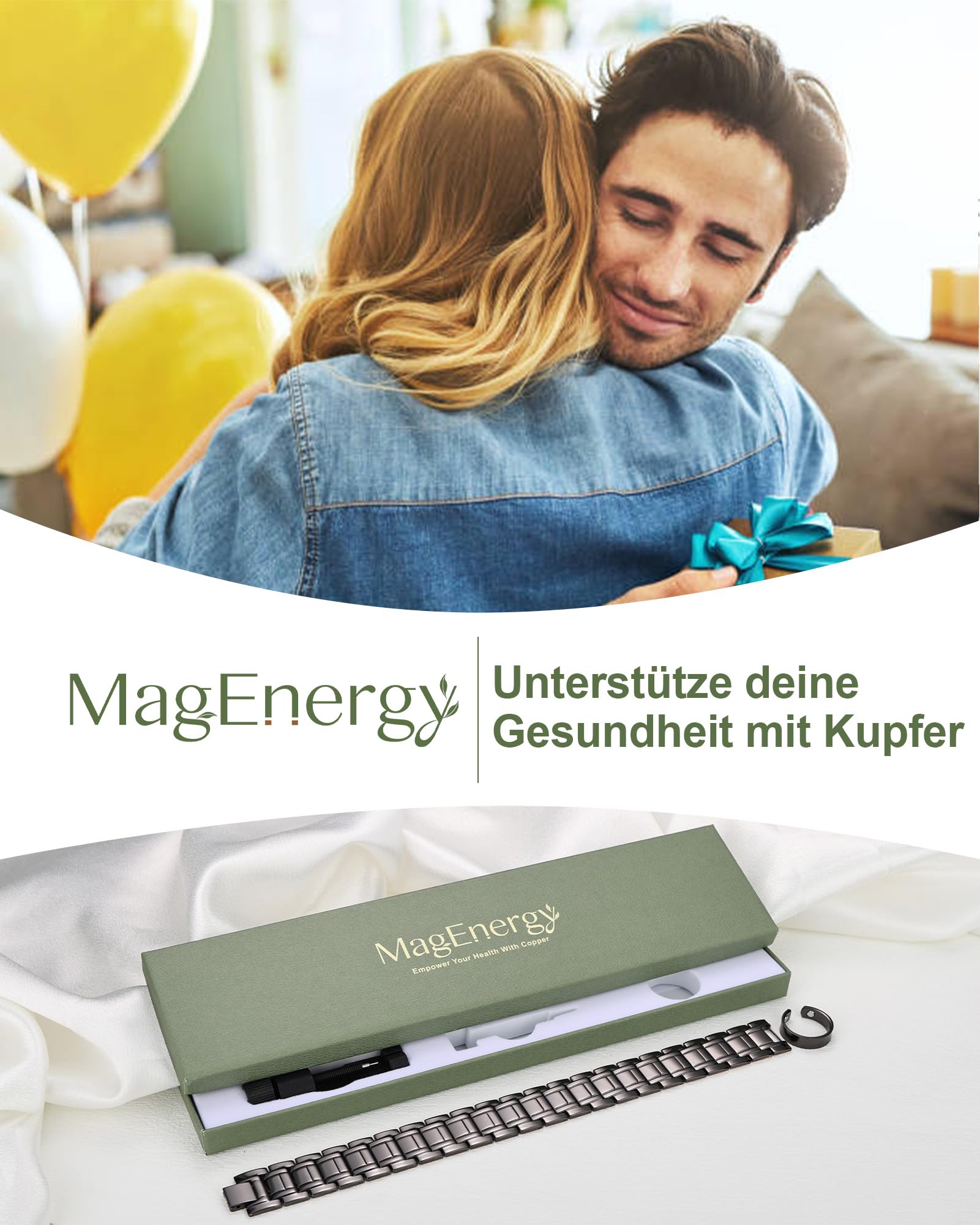 MagEnergy kupferarmband herren – Drei Ultra-Starke Magnete, Männliches Design Reines Kupfer-Magnetarmband, Einstellbare Länge mit Größenanpassungswerkzeug (schwarzer Anzug)