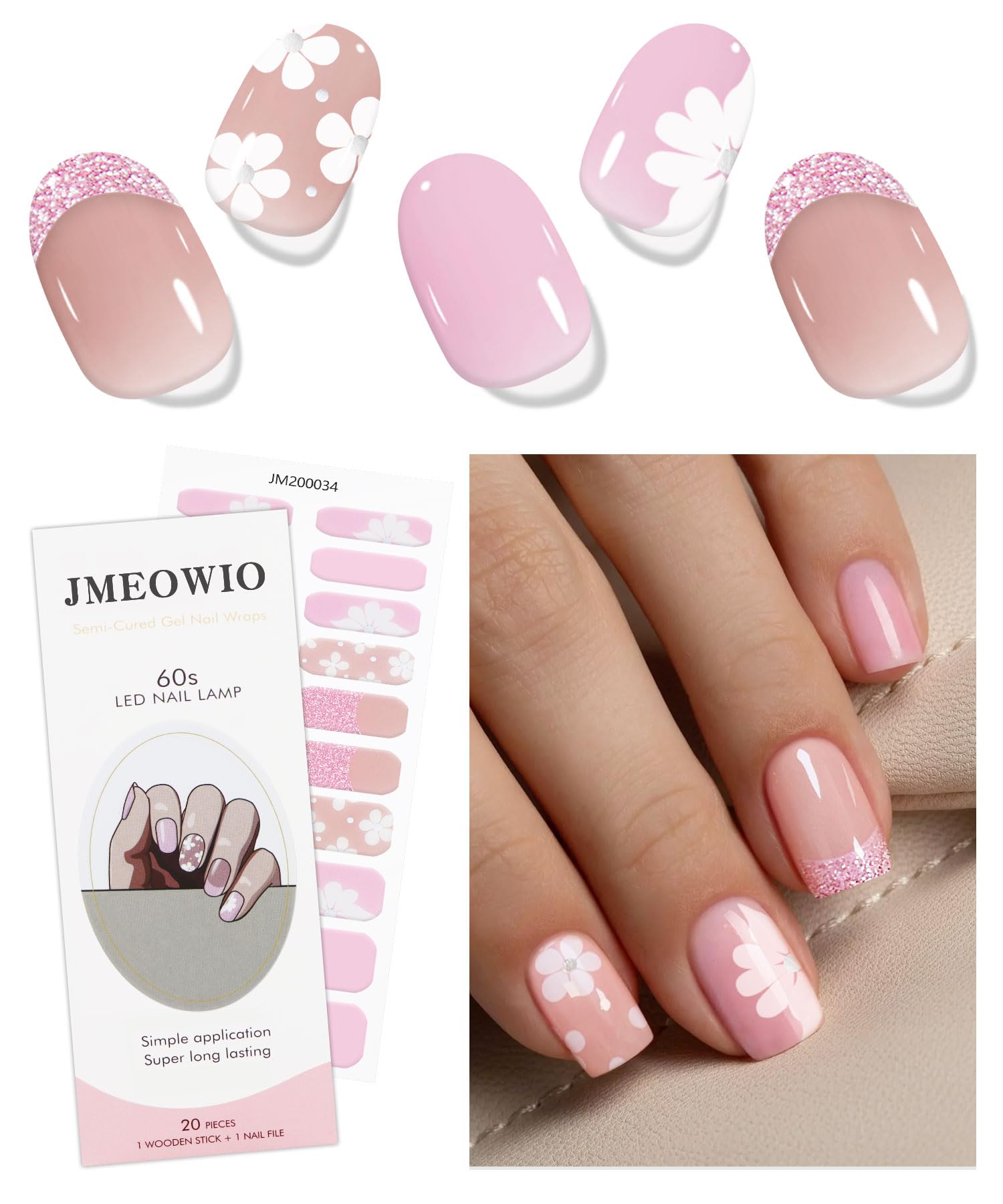 JMEOWIO Gel Nail Stickers French Tip Pink White Flower Semi Cured Gel Nail Strips Wraps UV/LED Nails Art Design Decoration Accessories