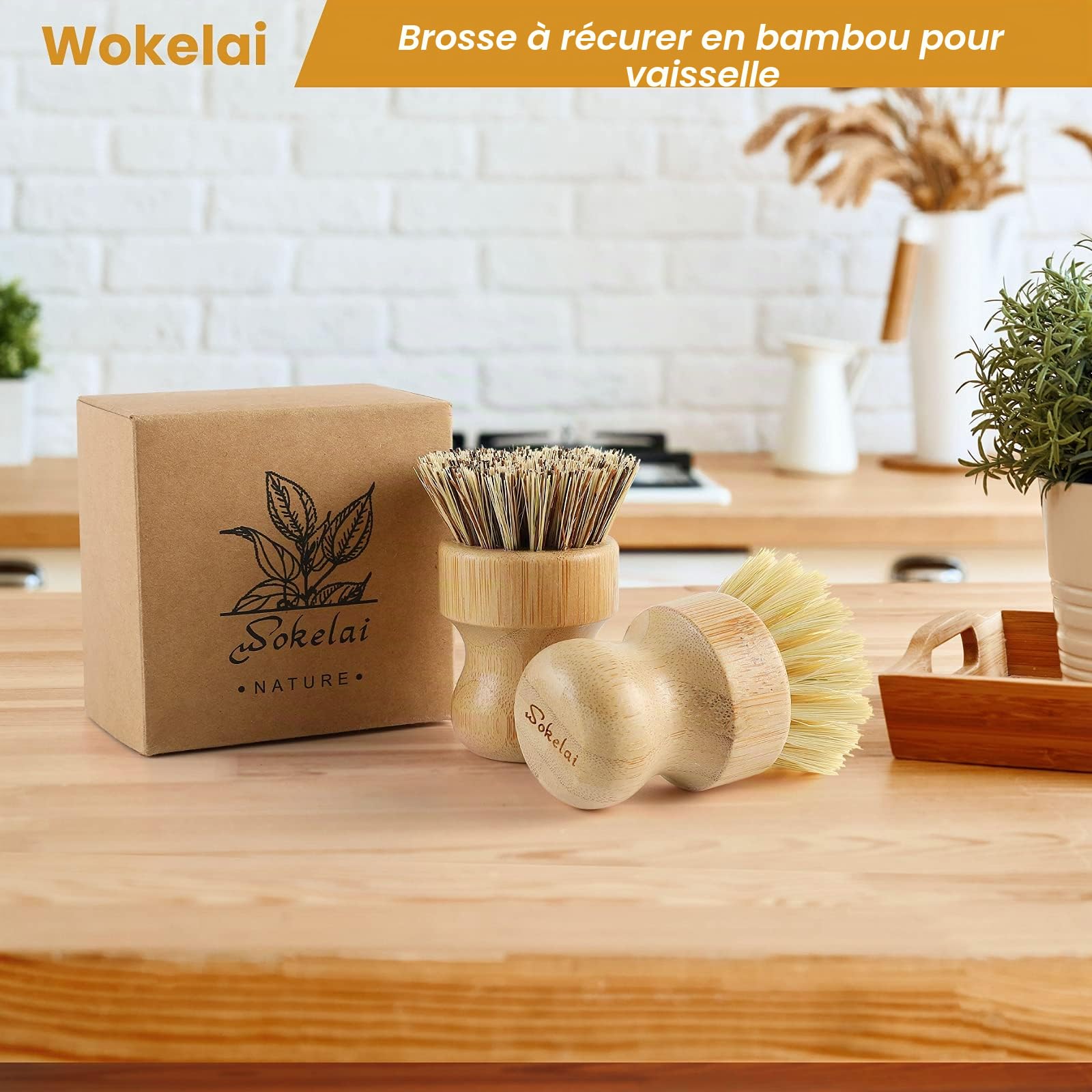 Brosse à vaisselle en bambou pour cuisine – Respectueux de l'environnement en fibre de sisal naturel pour la vaisselle, les casseroles, les poêles, les légumes, l'évier
