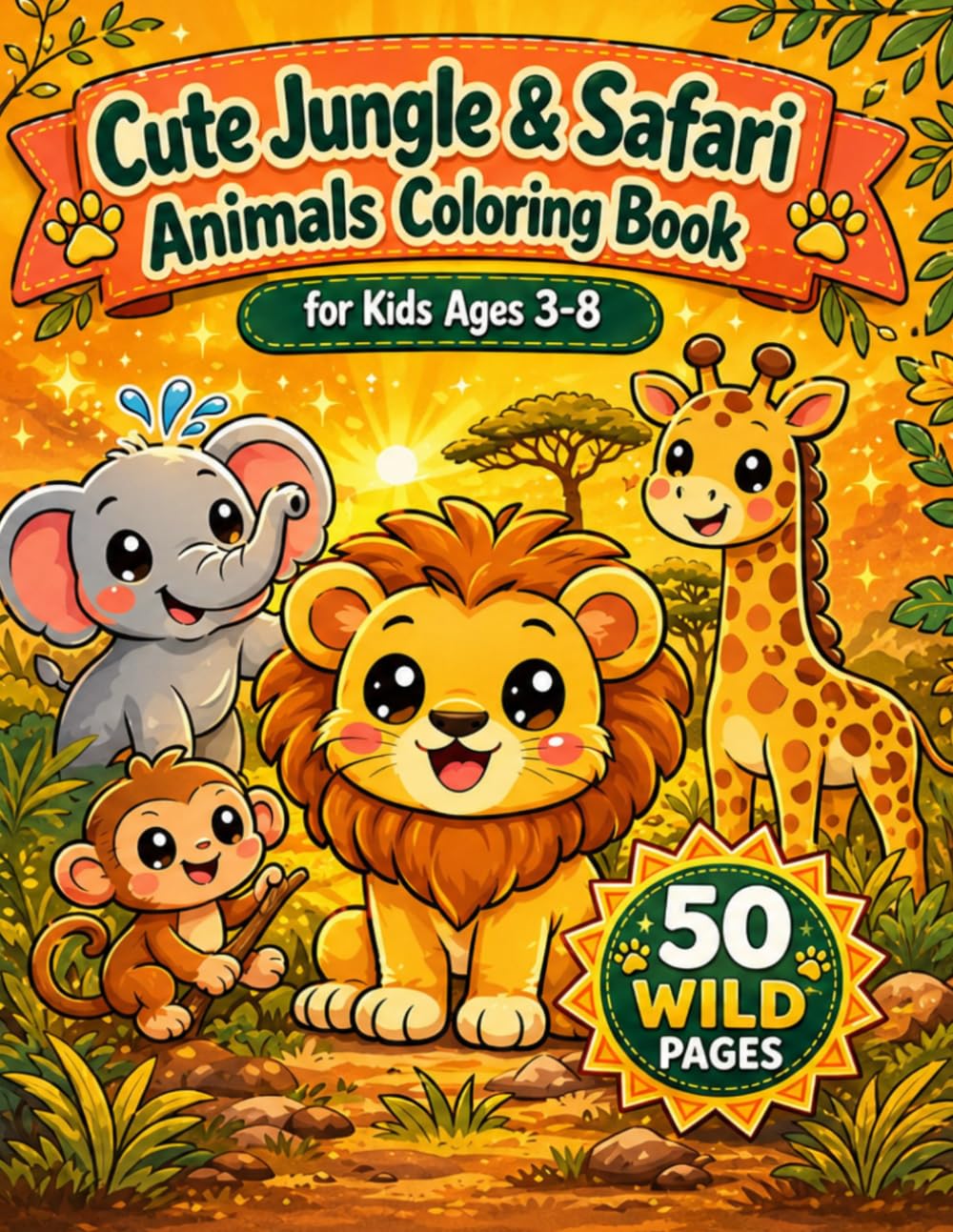 Cute Jungle & Safari Animals Coloring Book for Kids: 50 Wild Pages of Lions, Elephants, Giraffes & Monkeys for Ages 3-8