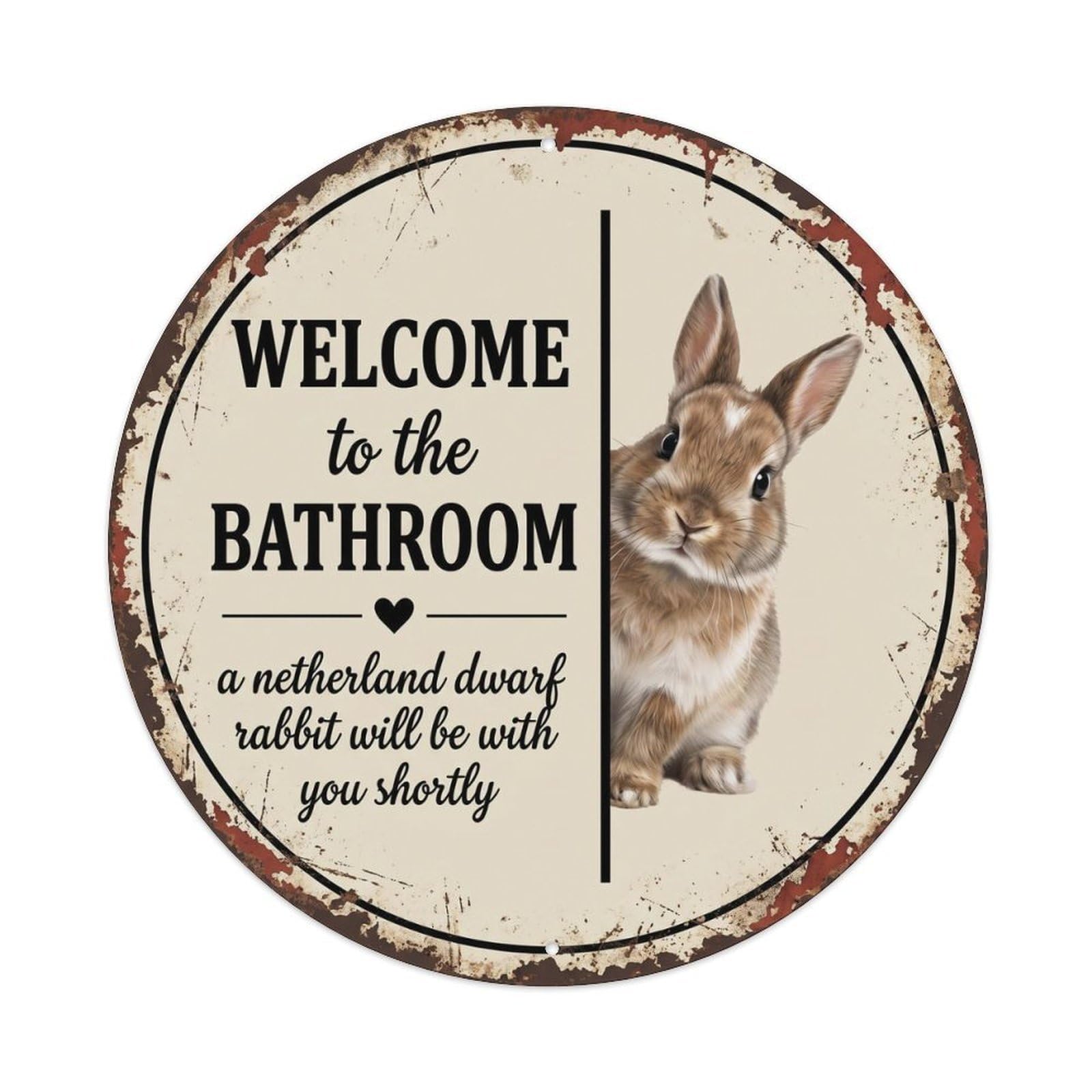 Vintage WELCOME To The BATHROOM Netherland Dwarf Rabbit Metal Tin Sign