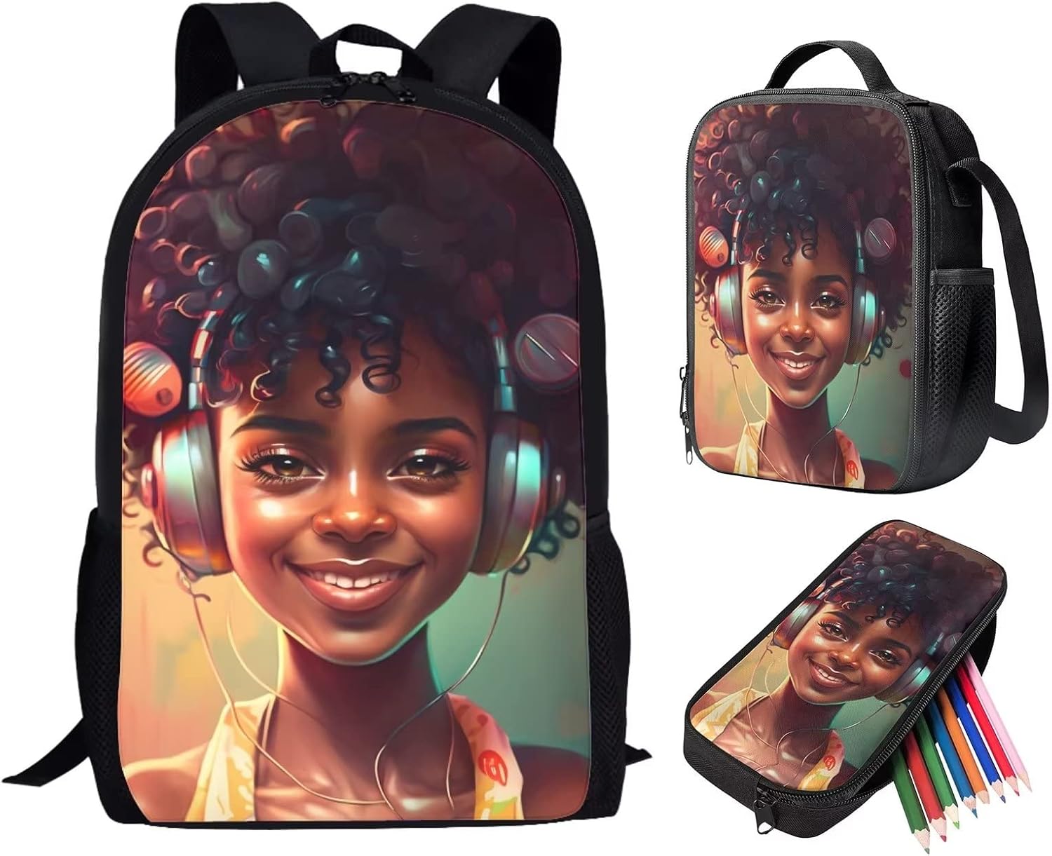 Backpack with Lunch Box and Pencil Case African Black Girl School Bag and Lunch Box Set for Kids Women Hiking Rucksack with Water Bottle Holders