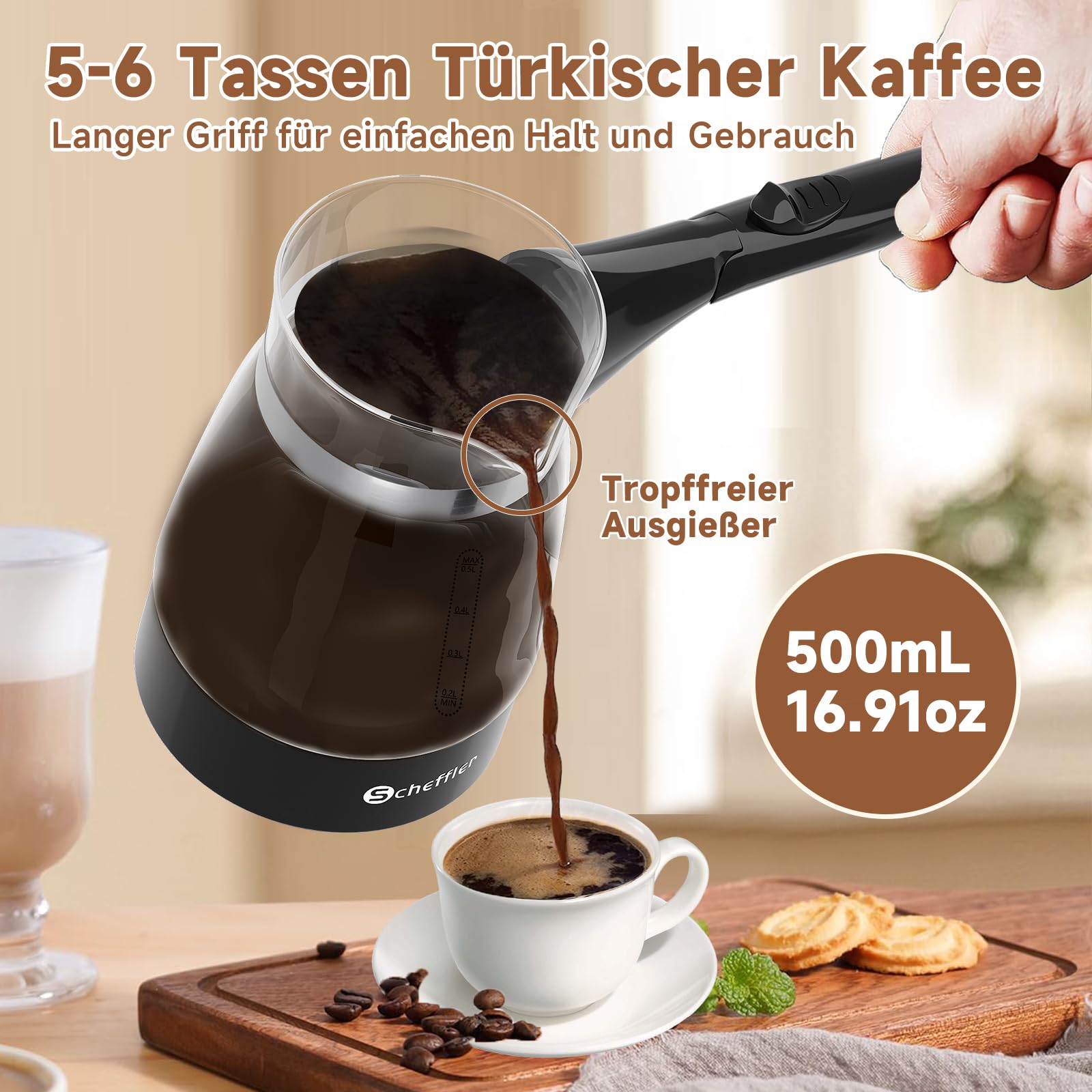 SCHEFFLER Turecki ekspres do kawy, elektryczny zaparzacz do kawy 500 ml, mokka, dzbanek do kawy, indukcyjny z zabezpieczeniem przed przegrzaniem, stal nierdzewna 304, szkło, Turkish Coffee Maker do