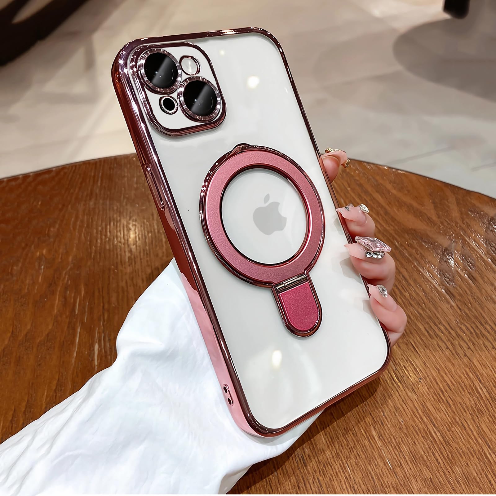 MagSafe Hülle Für IPhone 15 Pro: Unsichtbare Magnet-Hülle Mit Klappbarem Ringständer, Stoßfest, Transparent & Trendig In Hot Pink