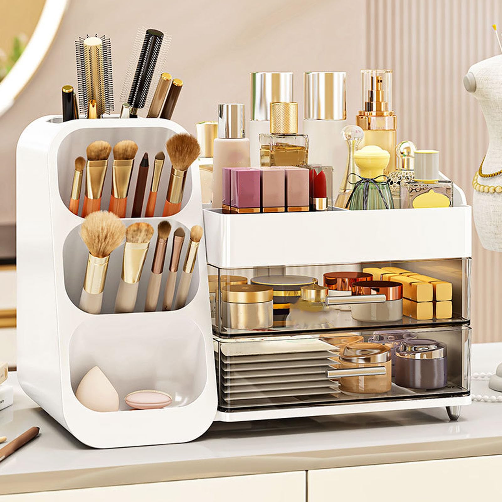 Organizador de Maquillaje, Vitrina de Cosméticos Multicapa de Gran Capacidad con Compartimentos Transparentes para Lápices Labiales, Herramientas para el Cuidado de la Piel