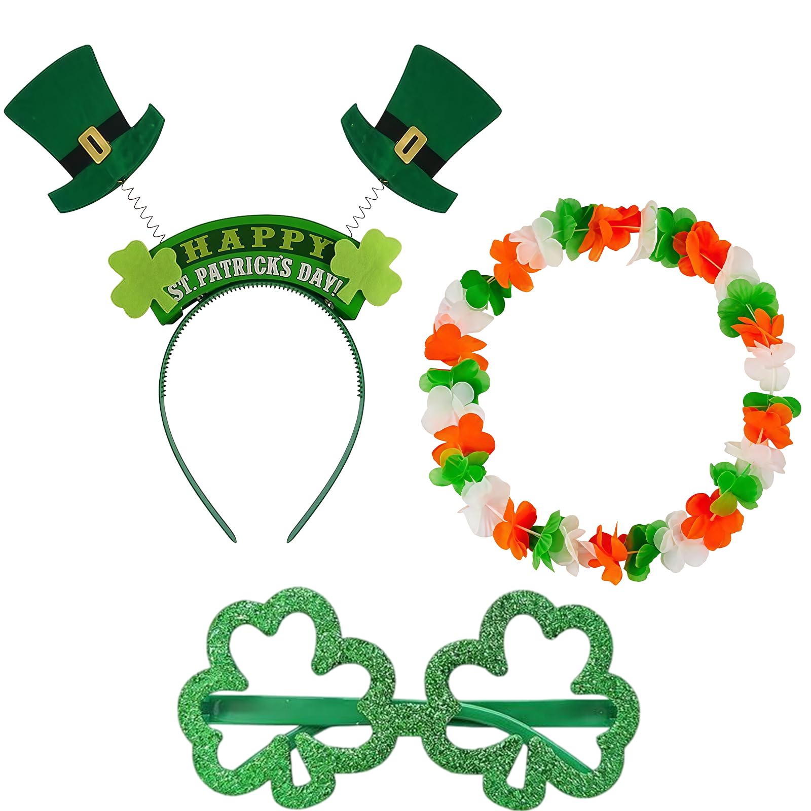 Flankor St Patricks Day Accessories - St. Patrick's Day Shamrock Headbands, Glasses, Garland Necklace, Irish Party Costume Accessories for Adult