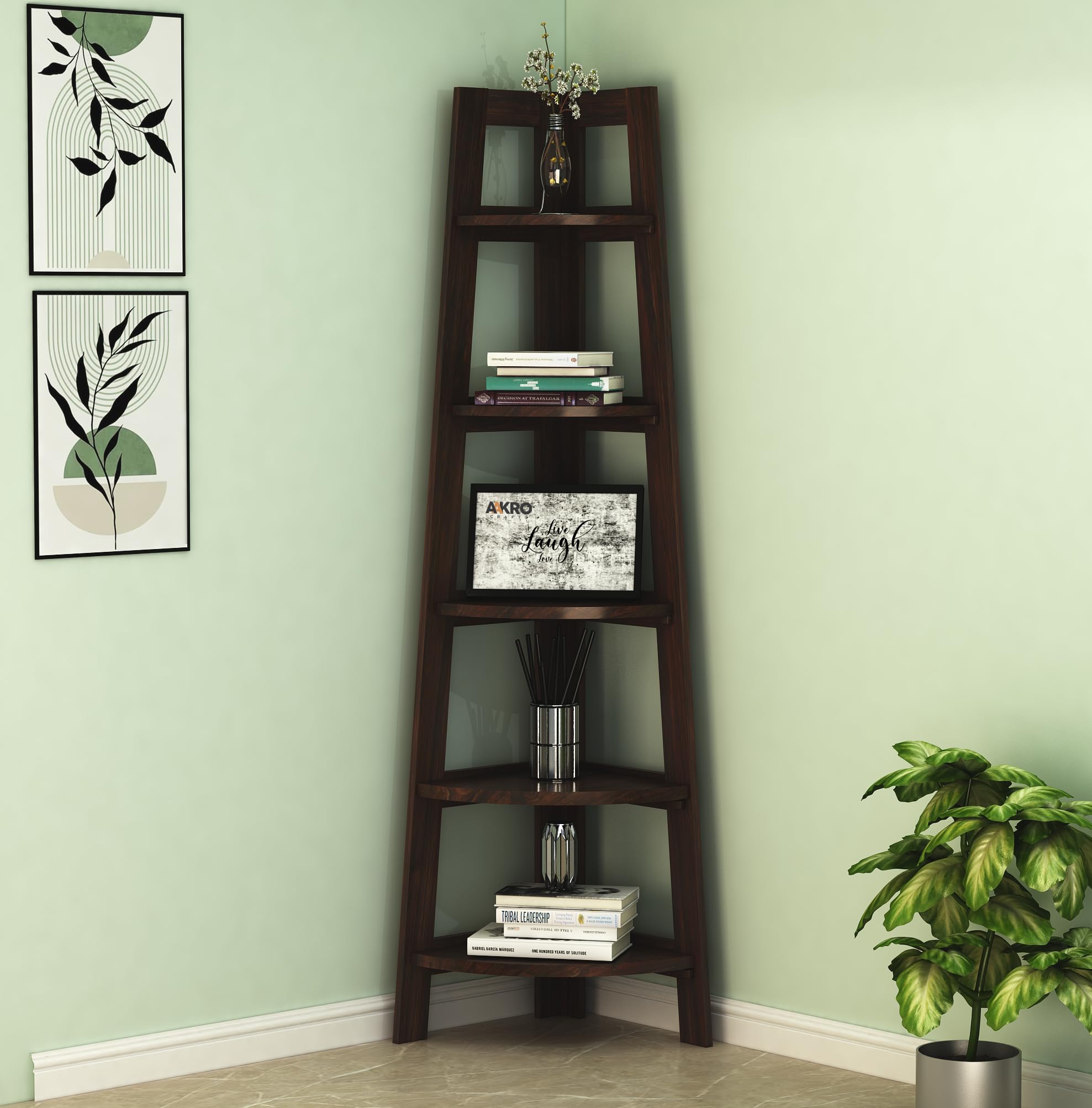AAKROCRAFTS Solid Sheesham Wood Corner Shelf 5 Tier Ladder Shelves Book Shelf Rack Wooden Bookcase Display Unit for Living Room Bedroom (Walnut Finish)-image-27