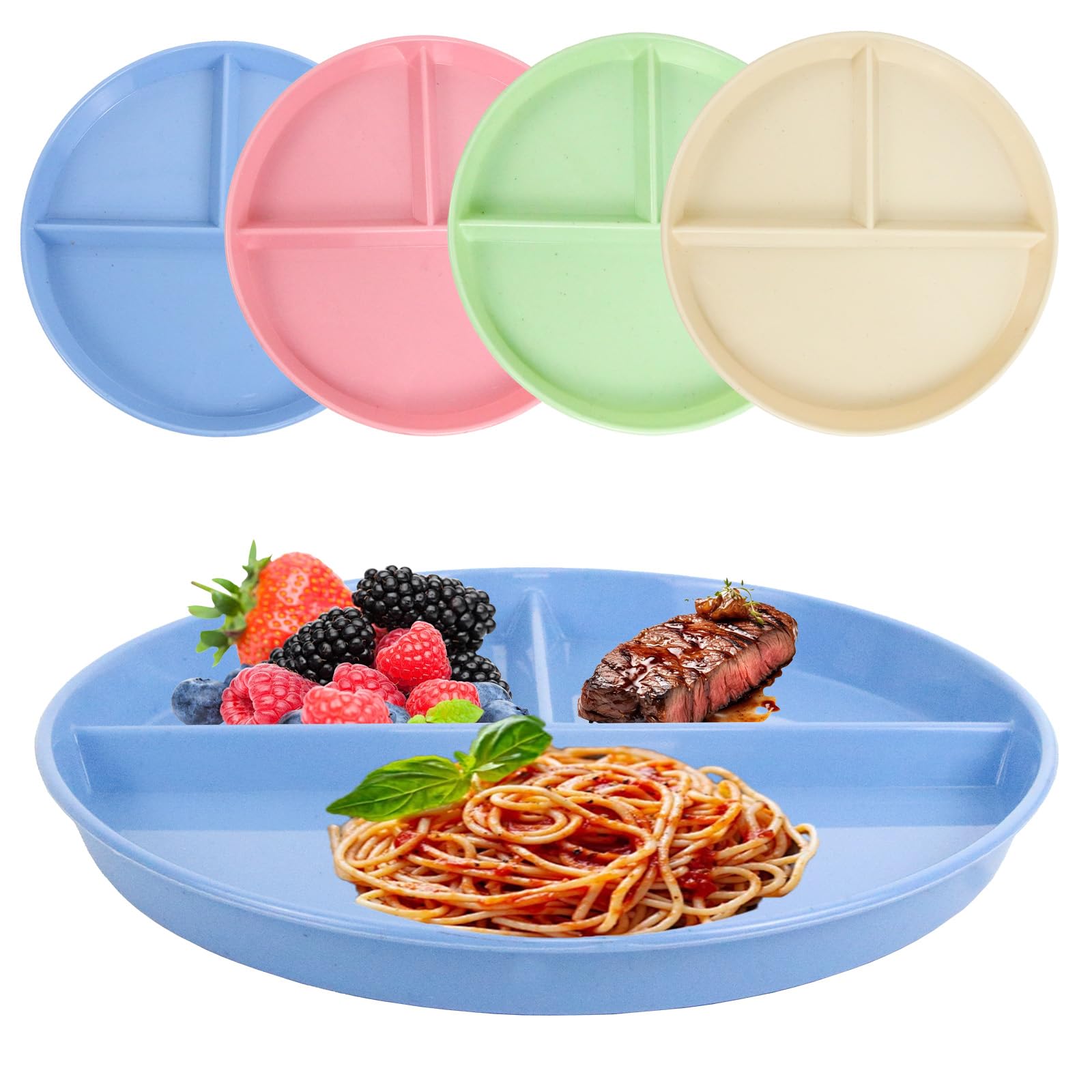 Bettsolt Divided Dinner Plates Set of 4, Portion Control Divided Plates 9 Inch Unbreakable Plastic Diet Plates Reusable Dishes for Adult Dinner