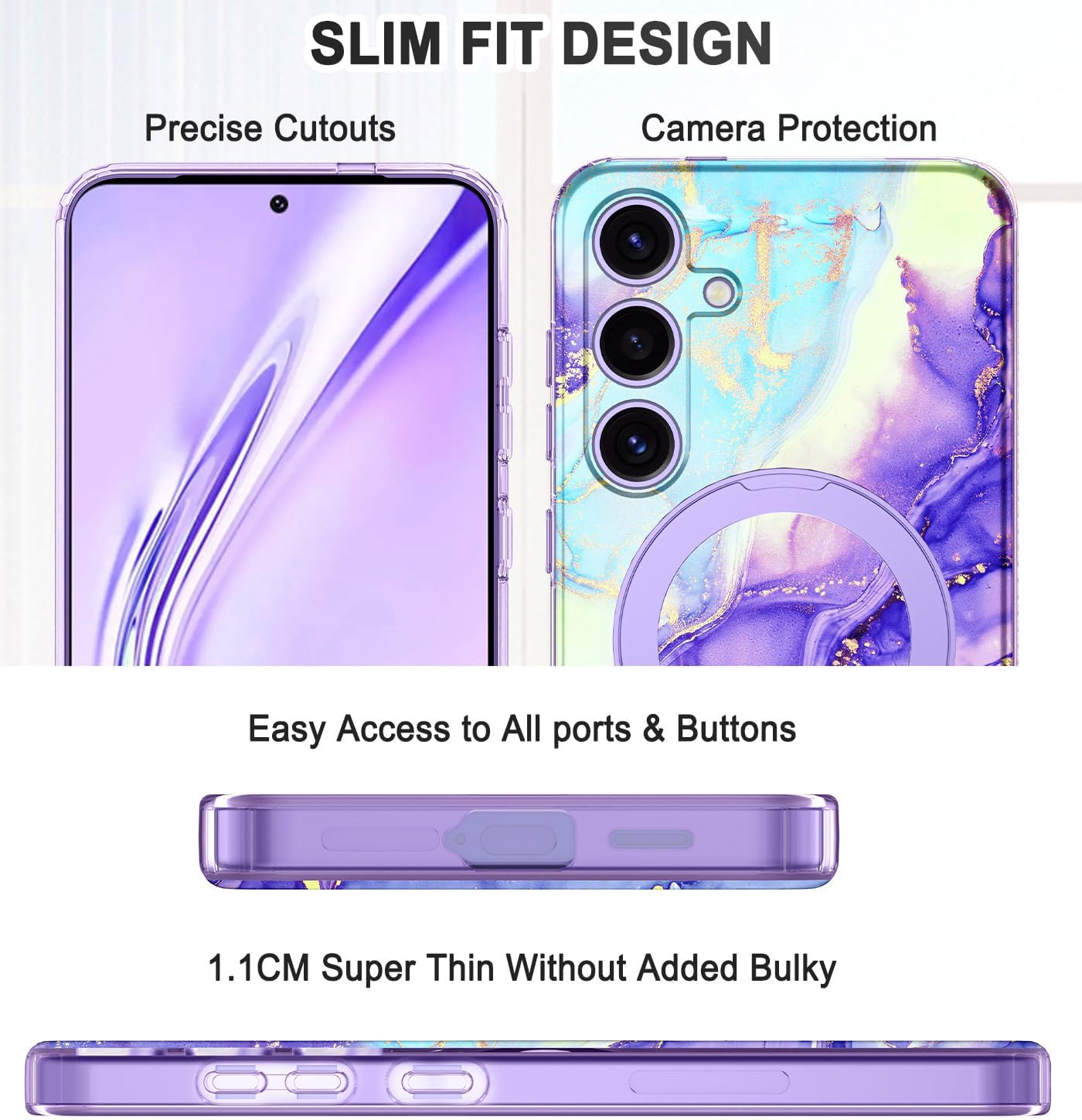 Magnetic for Samsung Galaxy S25 Case with Invisible Ring Stand [Compatible with MagSafe], Full Body Rugged Slim Women Men Girl Shockproof Marble Pattern Design Case,Cobalt Violet