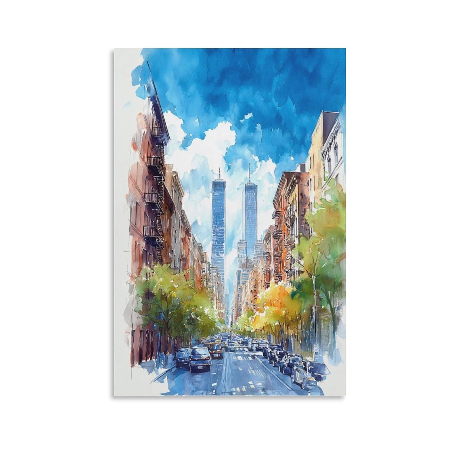 XWYMXZ Brooklyn Watercolor Painting New York Cityscape Poster Tree 24x36inch(60x90cm) Vintage Watercolor Canvas Art