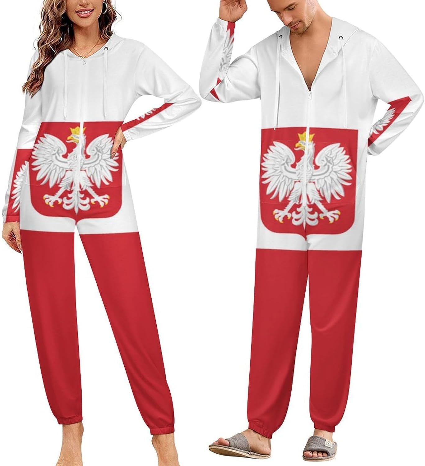 Flag of Poland with Eagle Adult Pajamas Onesie with Hood Pocket Jumpsuits One Piece Sleepwear