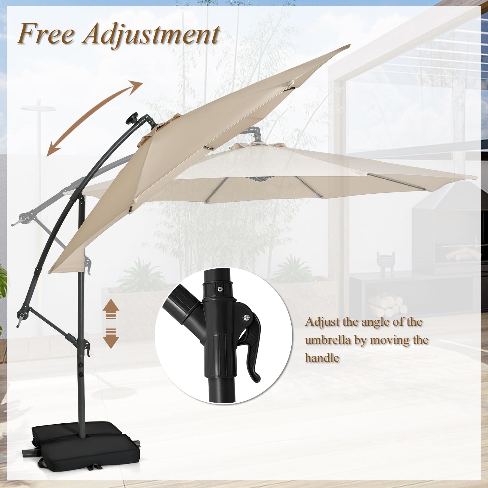 KOMFOTTEU Parasol ogrodowy 3 x 3 m z diodami LED i panelem słonecznym, parasol przeciwsłoneczny z piaskowymi workami, odporny na promieniowanie UV, wodoodporny, regulowany kąt, z korbą (beżowy)